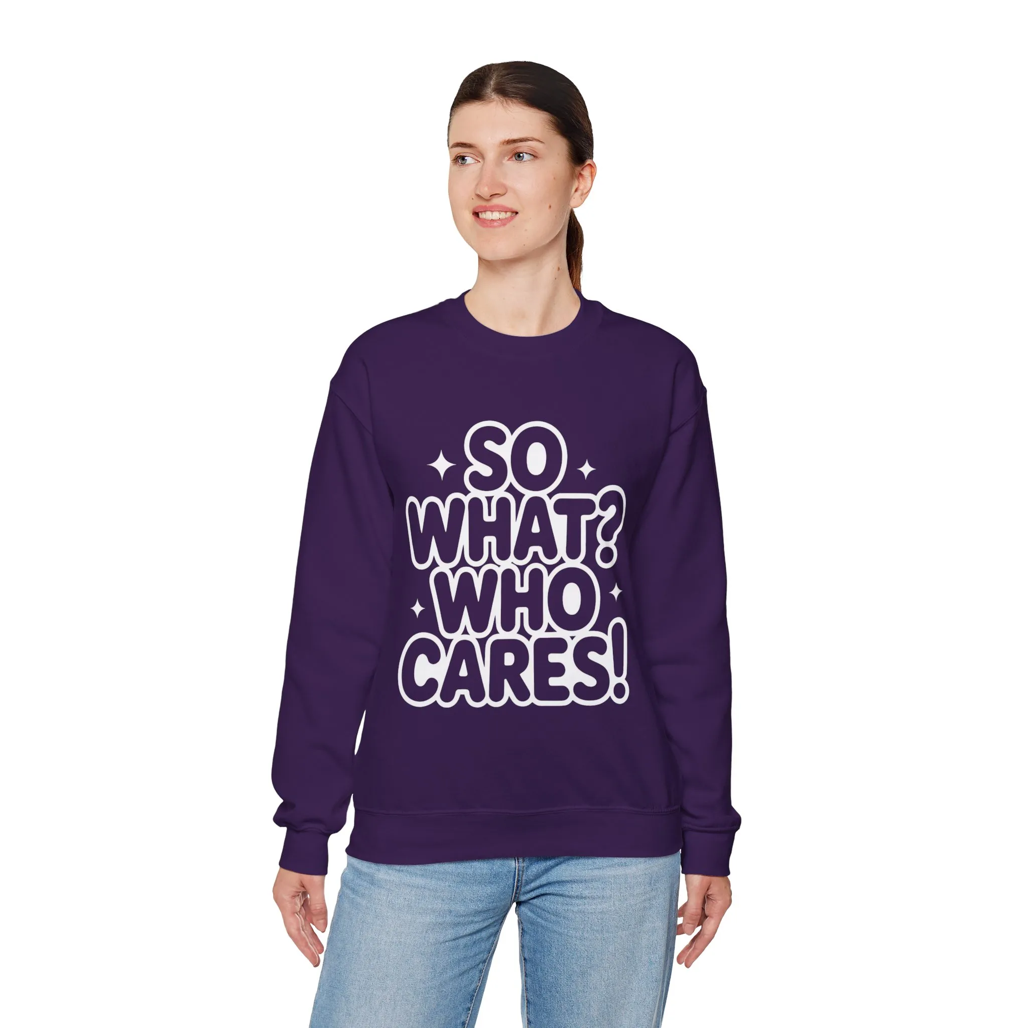 Trendy Womens Crewneck Sweatshirt with 'So What? Who Cares!' Print, Funny Typography Sweater, Sassy Graphic Sweater for Women - Image 21