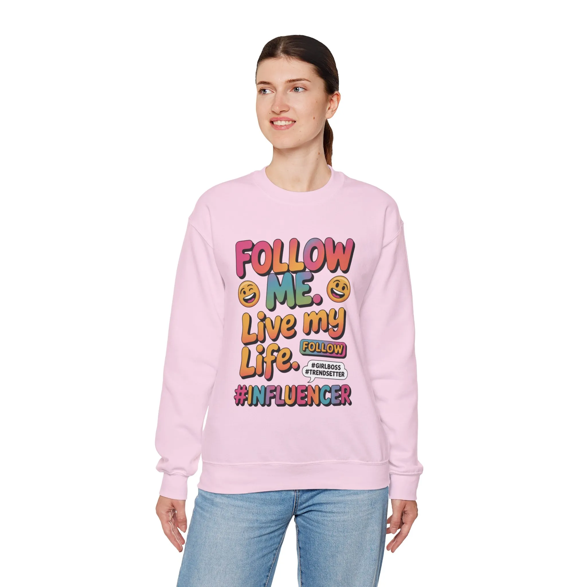 Womens Heavy Blend™ Crewneck Sweatshirt, Influencer Sweatshirt, Colorful Follow Me Live My Life Graphic Sweatshirt, Trendy GirlBoss Outfit - Image 36