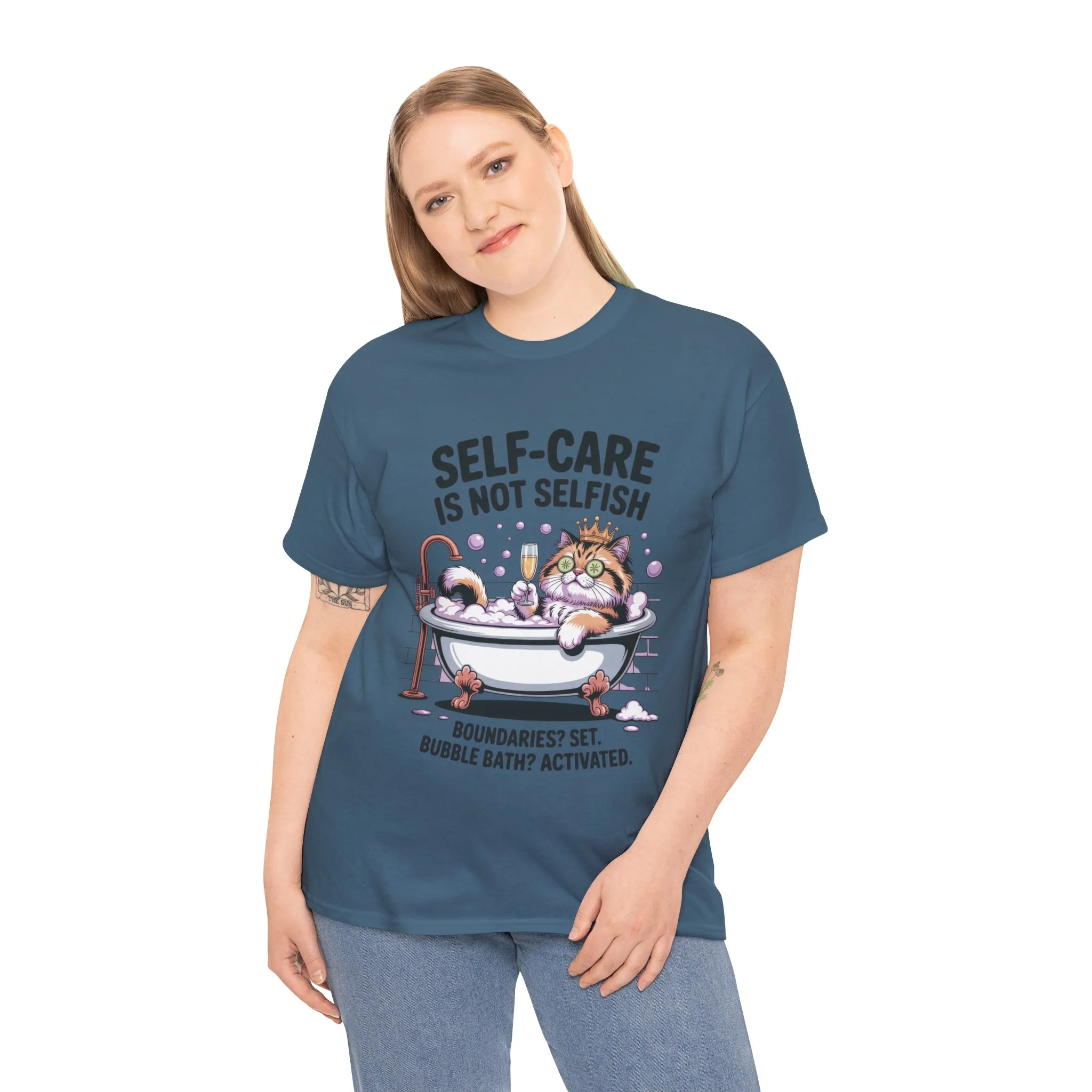 Womens Heavy Cotton Tee, Self-Care Cat Shirt, Funny Cat Bubble Bath Tee, Relaxing Kitty Graphic, Self Care Is Not Selfish Womens T-Shirt - Image 36