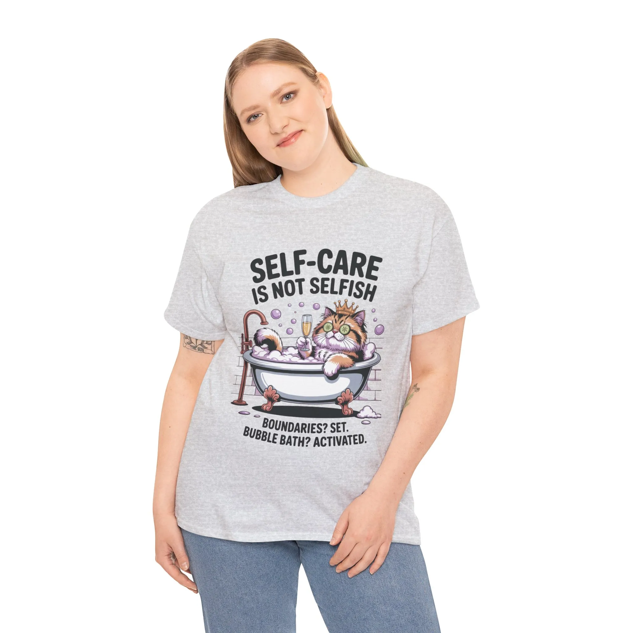 Womens Heavy Cotton Tee, Self-Care Cat Shirt, Funny Cat Bubble Bath Tee, Relaxing Kitty Graphic, Self Care Is Not Selfish Womens T-Shirt - Image 9