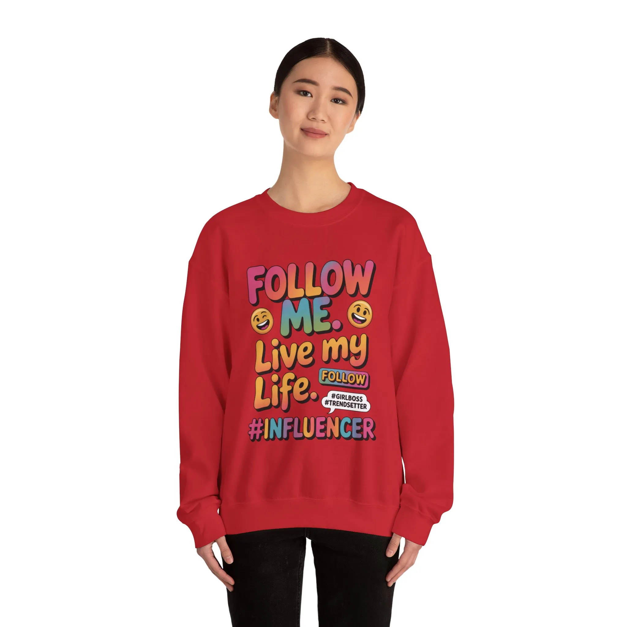 Womens Heavy Blend™ Crewneck Sweatshirt, Influencer Sweatshirt, Colorful Follow Me Live My Life Graphic Sweatshirt, Trendy GirlBoss Outfit - Image 23