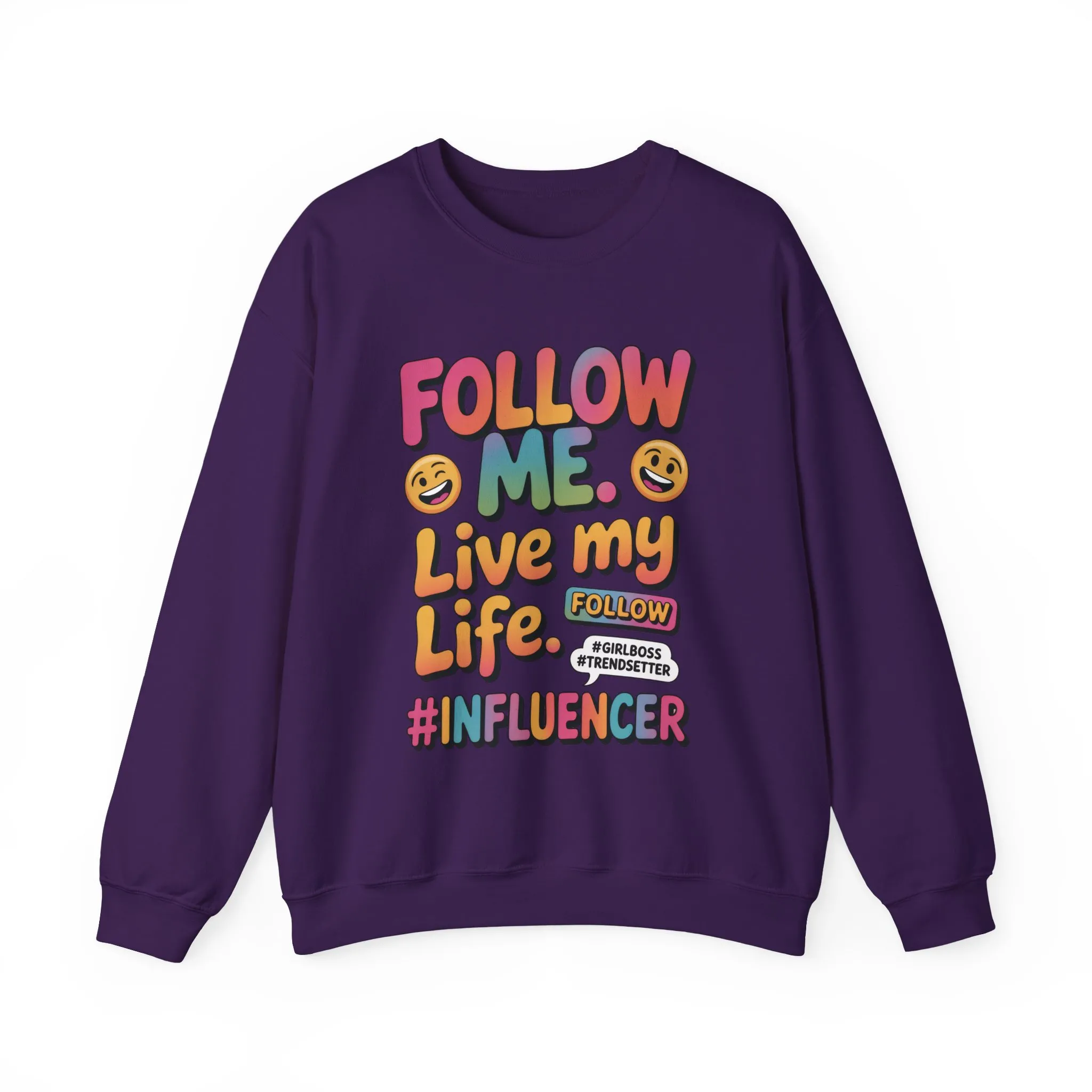 Womens Heavy Blend™ Crewneck Sweatshirt, Influencer Sweatshirt, Colorful Follow Me Live My Life Graphic Sweatshirt, Trendy GirlBoss Outfit - Image 2