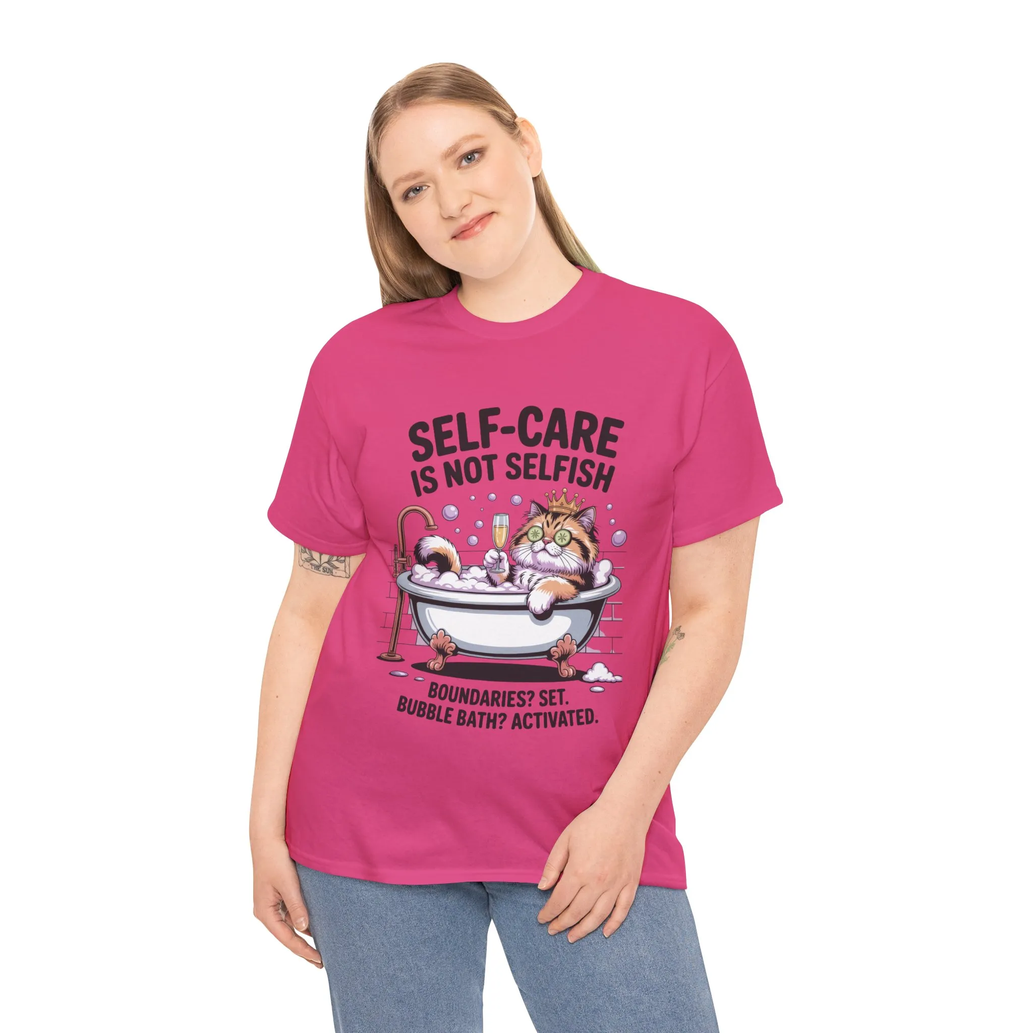 Womens Heavy Cotton Tee, Self-Care Cat Shirt, Funny Cat Bubble Bath Tee, Relaxing Kitty Graphic, Self Care Is Not Selfish Womens T-Shirt - Image 3