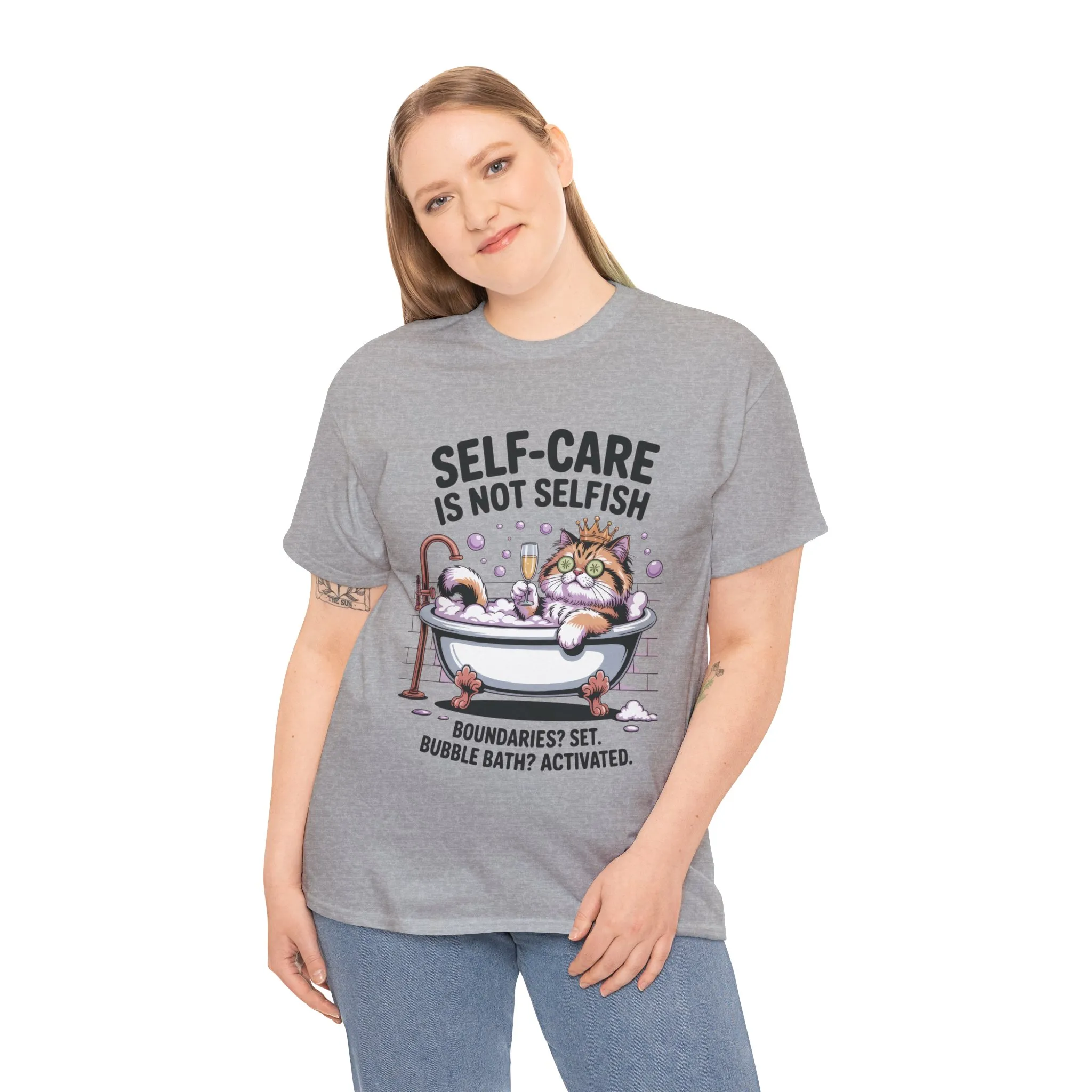 Womens Heavy Cotton Tee, Self-Care Cat Shirt, Funny Cat Bubble Bath Tee, Relaxing Kitty Graphic, Self Care Is Not Selfish Womens T-Shirt - Image 12