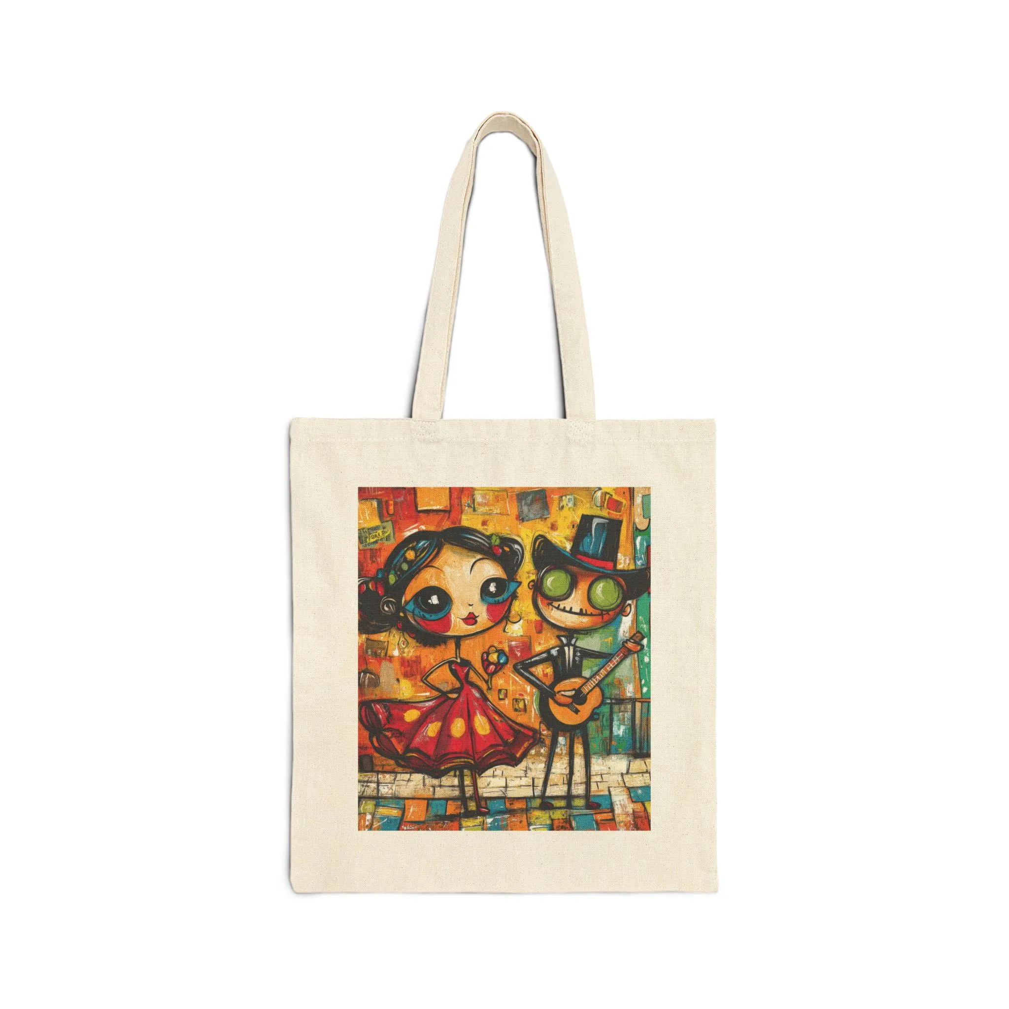 Colorful Cartoon Art Tote Bag, Quirky Gothic Skeleton and Flamenco Girl Illustration, Cotton Canvas Shopping Bag, Funky Day of the Dead Gift
