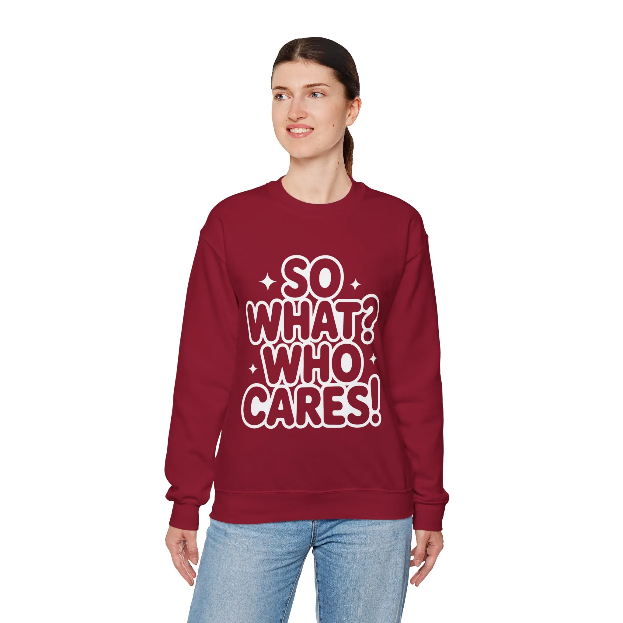 Trendy Womens Crewneck Sweatshirt with 'So What? Who Cares!' Print, Funny Typography Sweater, Sassy Graphic Sweater for Women - Image 27
