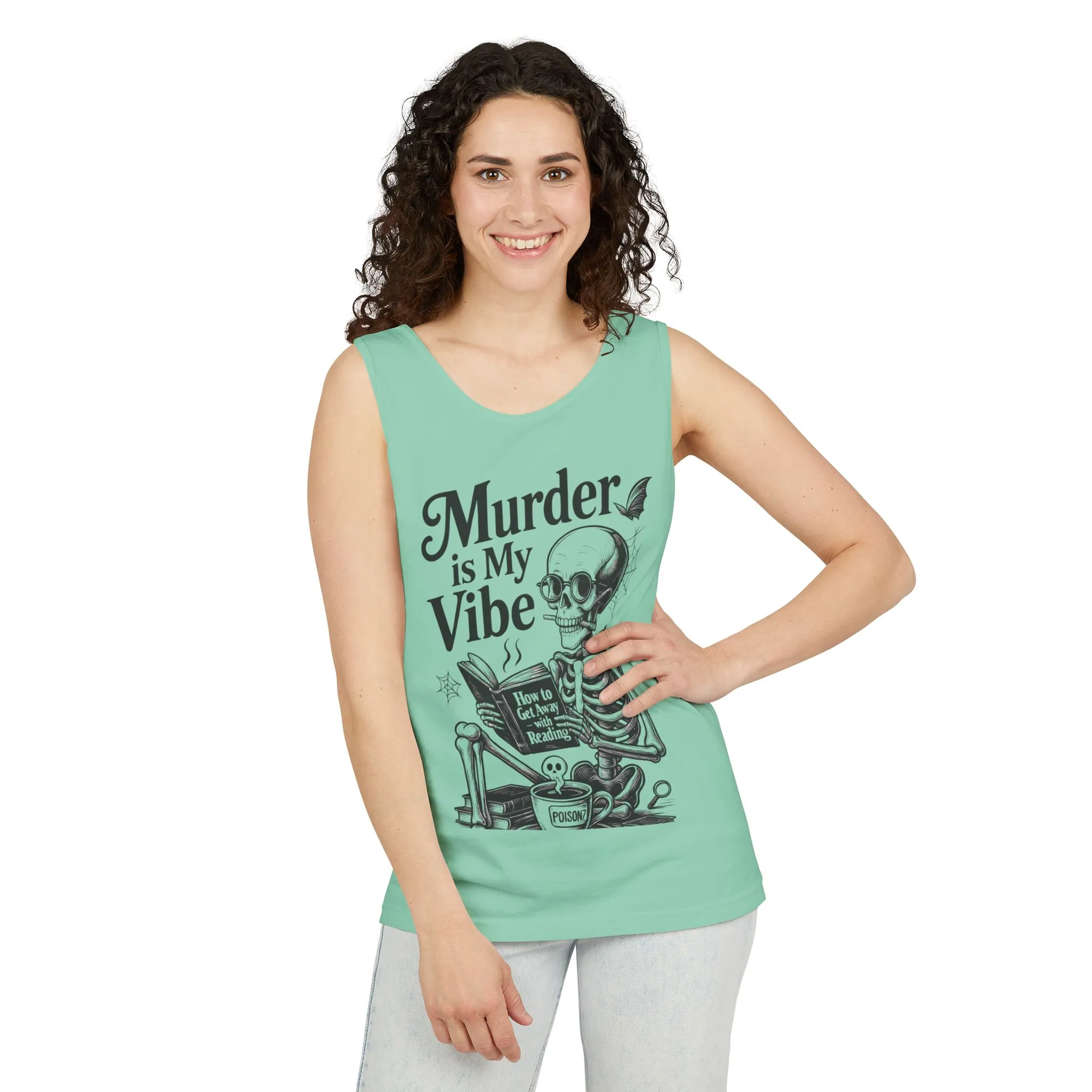Murder Is My Vibe Tank Top, Womens Goth Tank, Halloween Clothing, Skeleton Graphic Tee, Cozy Casual Wear, Quirky Gift Idea - Image 4