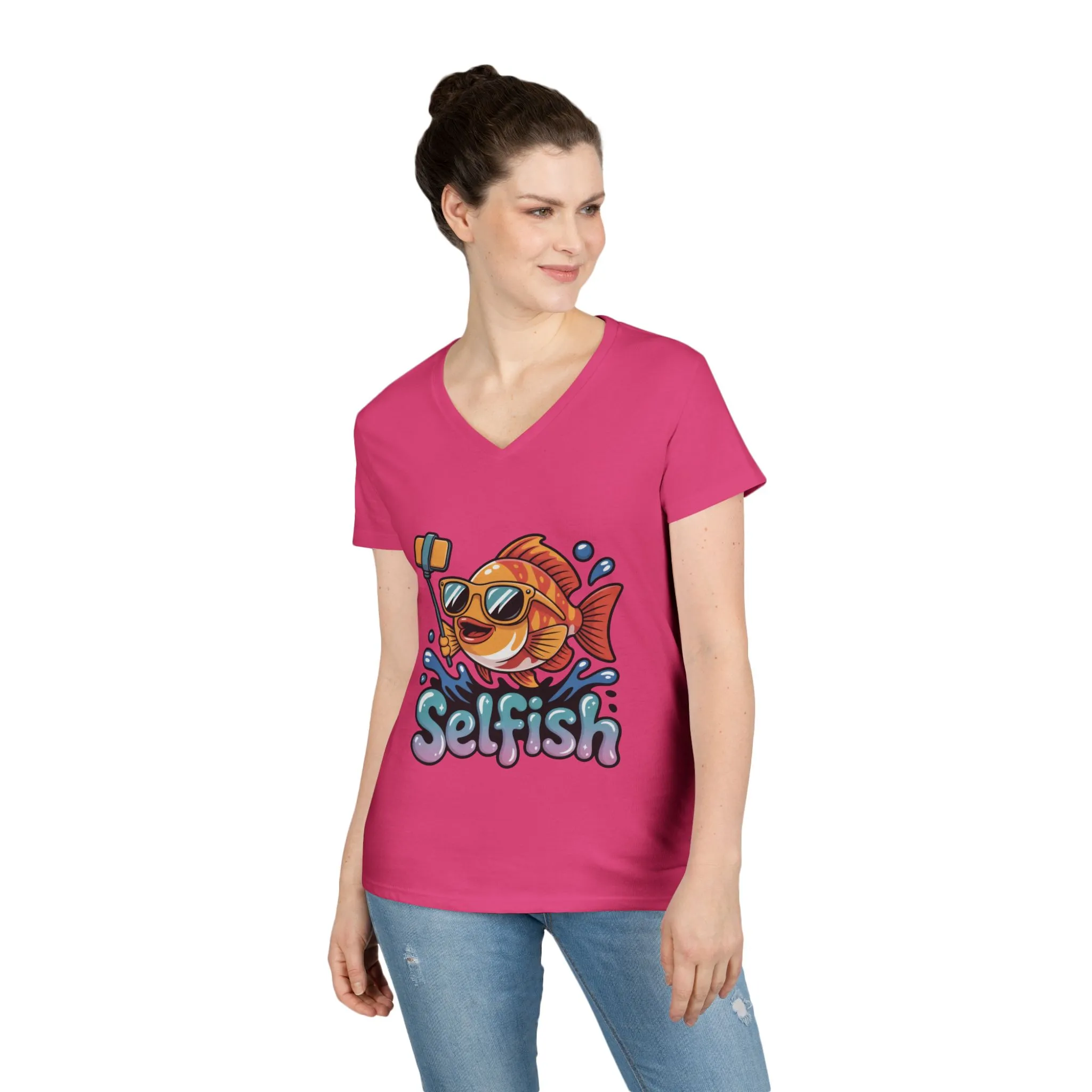 Ladies' V-Neck T-Shirt, Funny Selfie Fish Graphic Womens Tee, Playful Pun Gift for Her, Summer Vibes, Unique Beach Shirt, Outdoor Adventures - Image 20