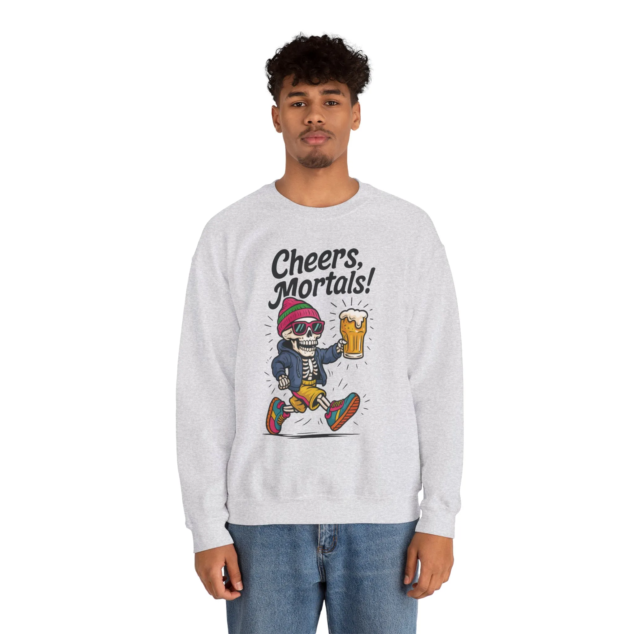 Cheers Mortals! Mens Crewneck Sweatshirt, Skeleton Beer Pullover with Hood, Drinking Humor Sweatshirt, Party Gift for Him, Halloween Apparel - Image 3