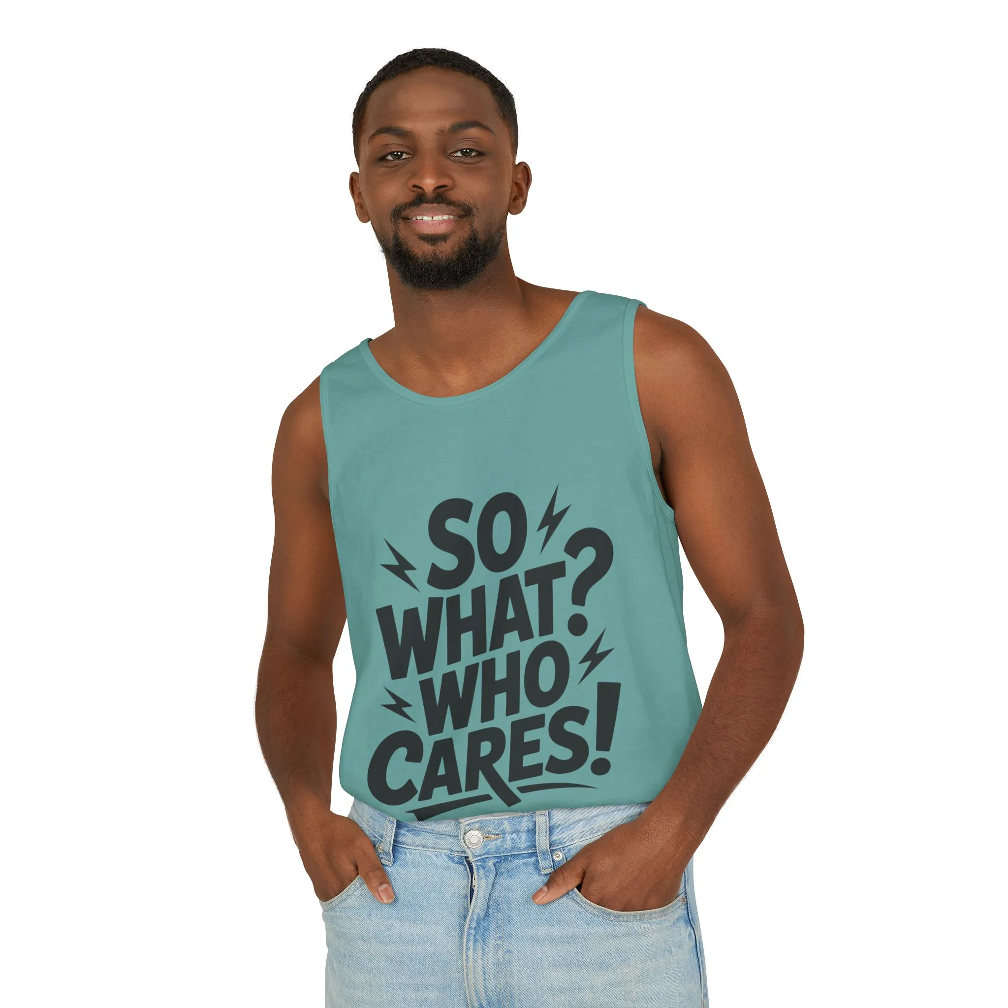 Mens Tank Top, "So What? Who Cares!", Casual Summer Wear, Beach Trip, Festival Outfit, Lightning Print, Sarcastic Summer Tee, Gym Tank - Image 12