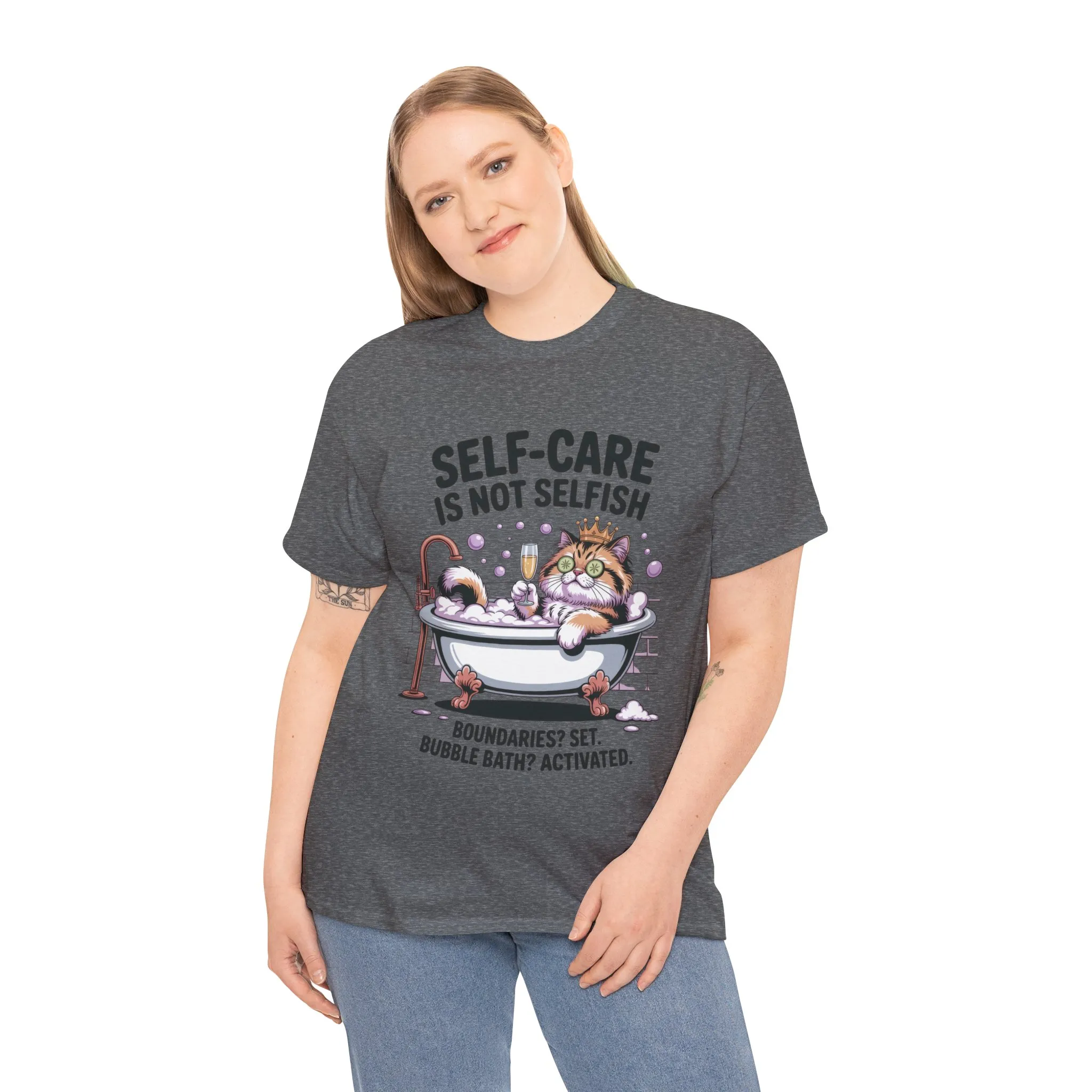 Womens Heavy Cotton Tee, Self-Care Cat Shirt, Funny Cat Bubble Bath Tee, Relaxing Kitty Graphic, Self Care Is Not Selfish Womens T-Shirt - Image 15