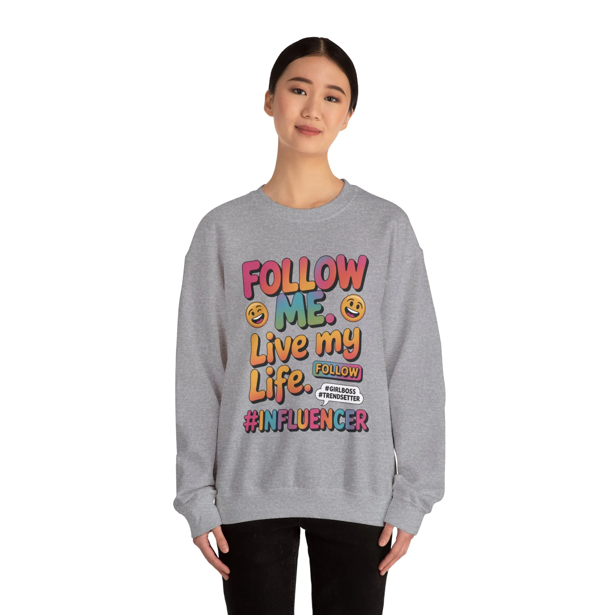 Womens Heavy Blend™ Crewneck Sweatshirt, Influencer Sweatshirt, Colorful Follow Me Live My Life Graphic Sweatshirt, Trendy GirlBoss Outfit - Image 29