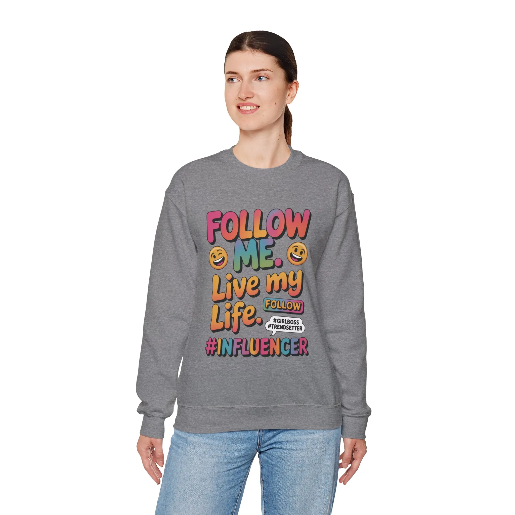 Womens Heavy Blend™ Crewneck Sweatshirt, Influencer Sweatshirt, Colorful Follow Me Live My Life Graphic Sweatshirt, Trendy GirlBoss Outfit - Image 9