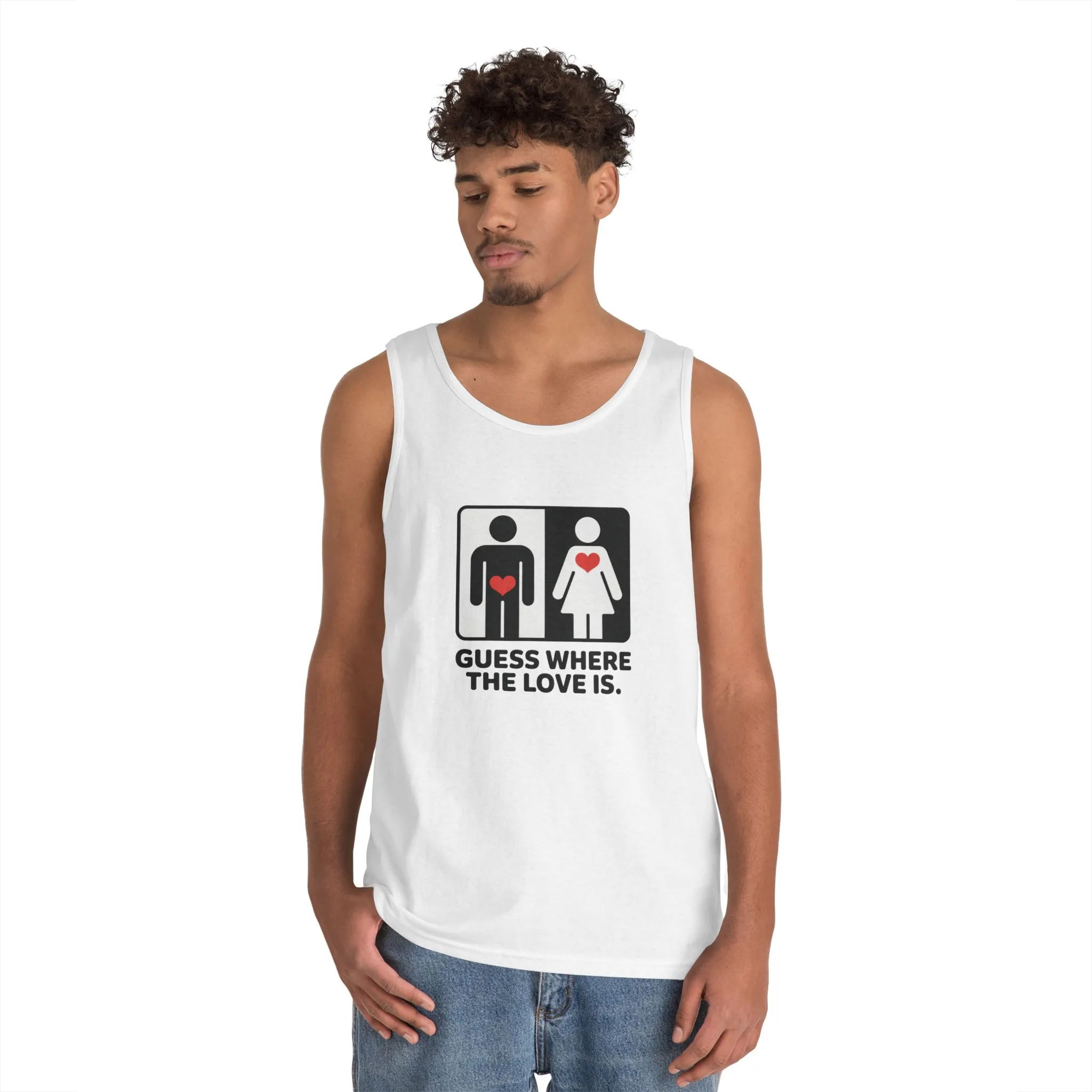 Cute Guess Where The Love Is Mens Tank, Couples Gift, Valentines Day Gift, Relationship Humor Shirt, Funny Tank for Him, Bold Love Joke Tank - Image 4