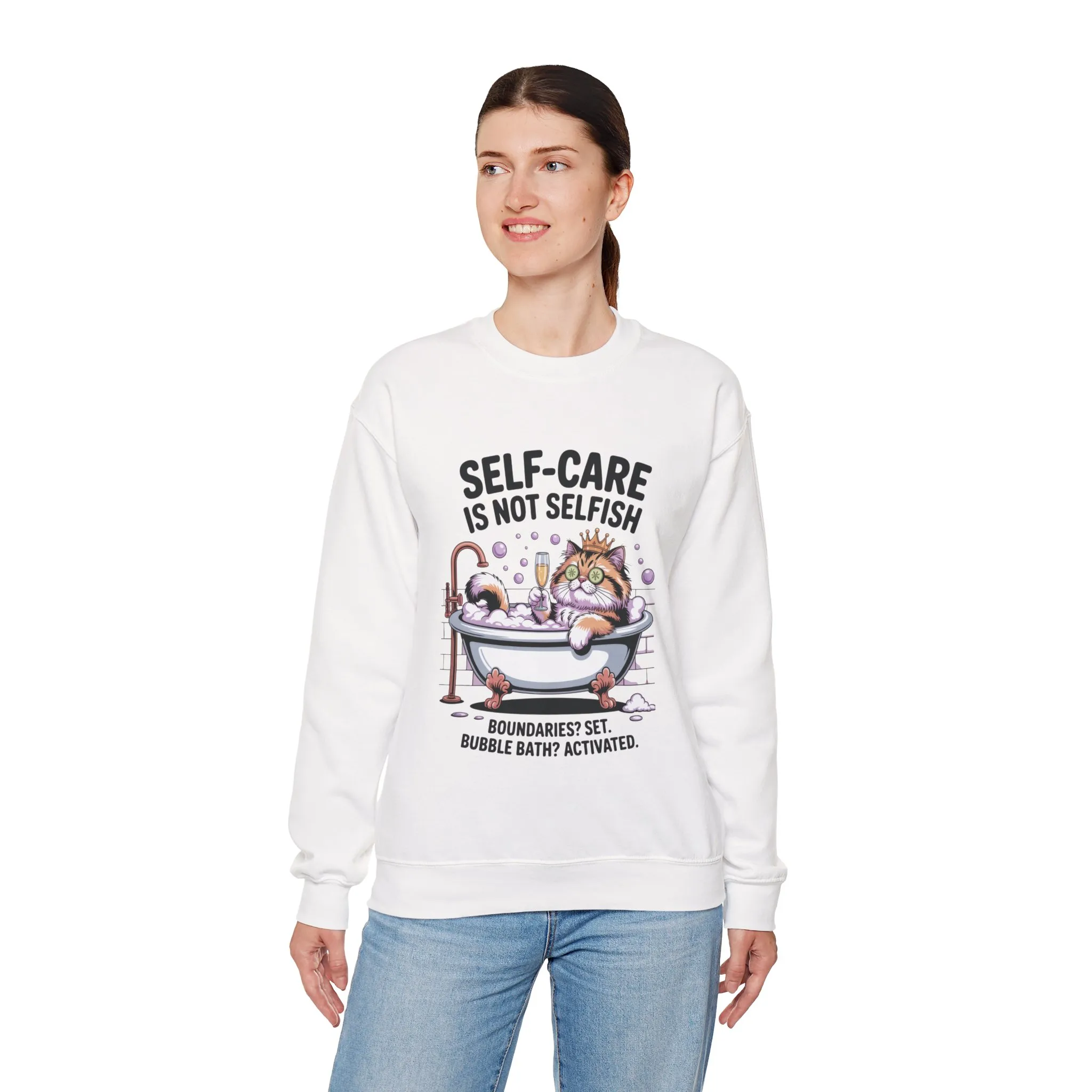 Womens Crewneck Sweatshirt, Self-Care Cat Shirt, Funny Cat Tee, Relaxing Kitty Graphic, Self Care Is Not Selfish Womens Sweatshirt - Image 6