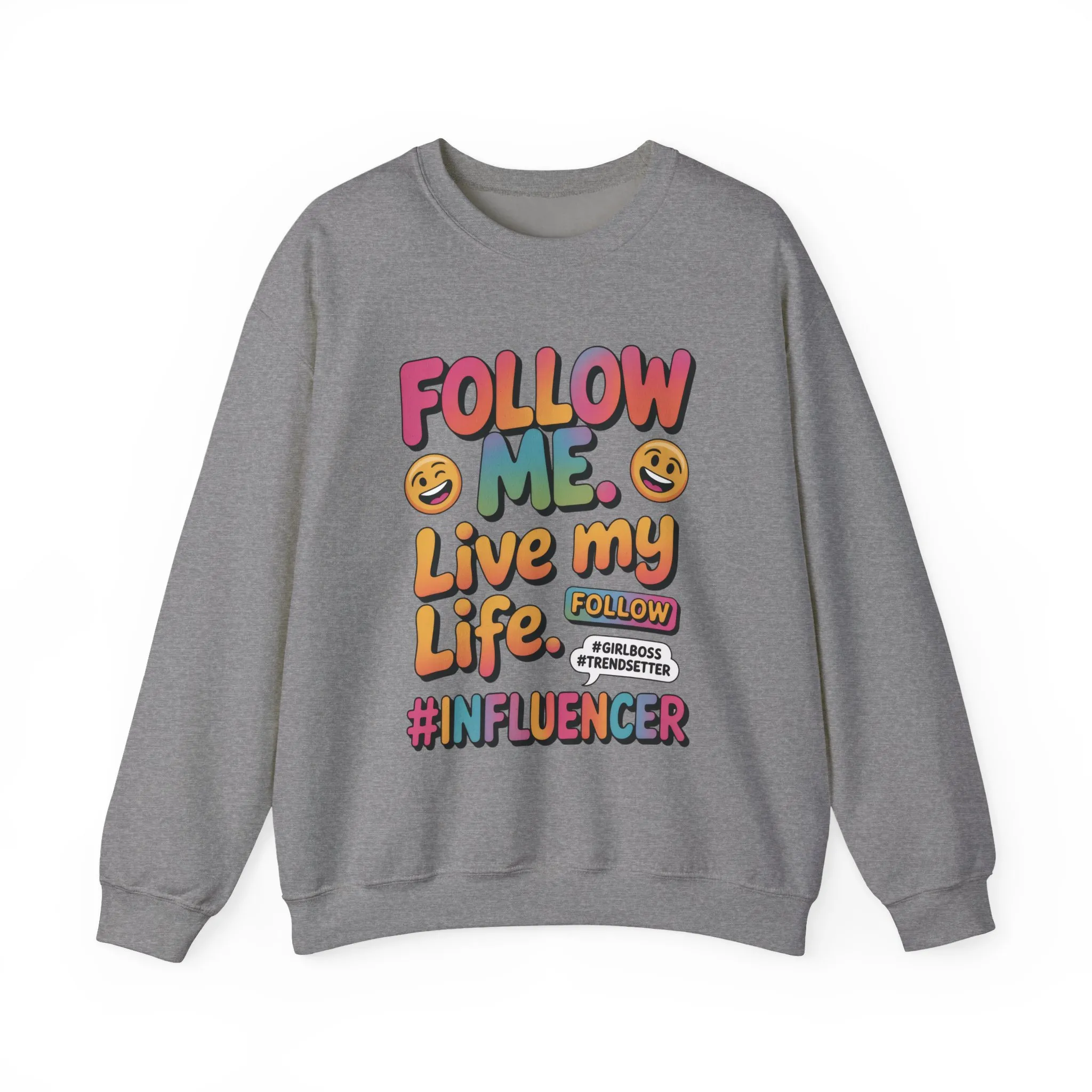 Womens Heavy Blend™ Crewneck Sweatshirt, Influencer Sweatshirt, Colorful Follow Me Live My Life Graphic Sweatshirt, Trendy GirlBoss Outfit - Image 7