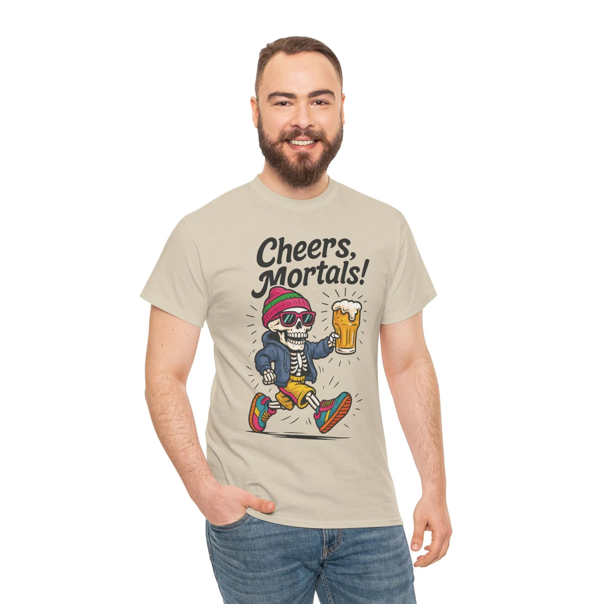 Cheers, Mortals! Mens Tee, Funny Skeleton Beer Graphic Tee, Cool Drinking Humor Shirt, Party Gift for Him, Halloween Tee, Beer Lovers Gift - Image 10