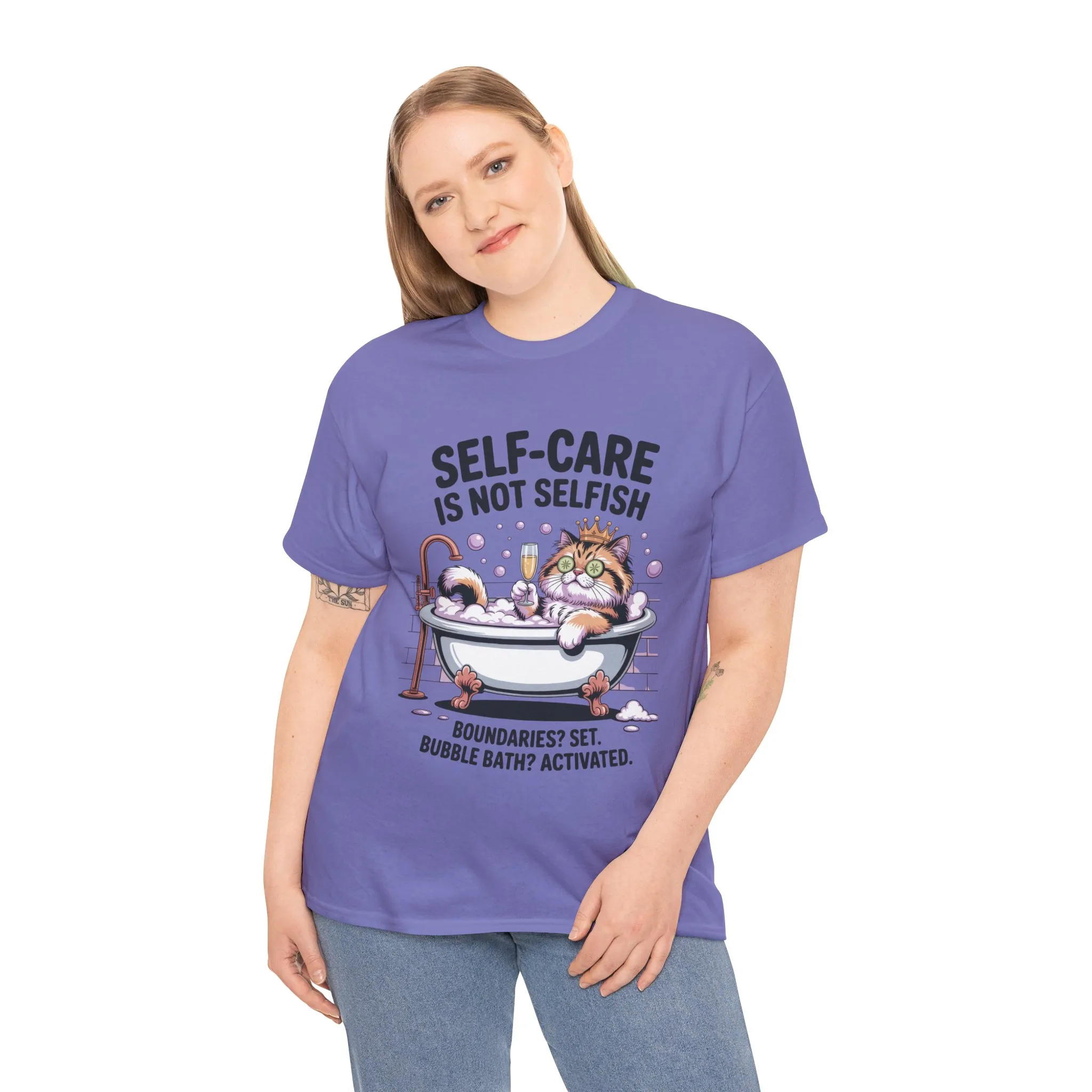 Womens Heavy Cotton Tee, Self-Care Cat Shirt, Funny Cat Bubble Bath Tee, Relaxing Kitty Graphic, Self Care Is Not Selfish Womens T-Shirt - Image 24