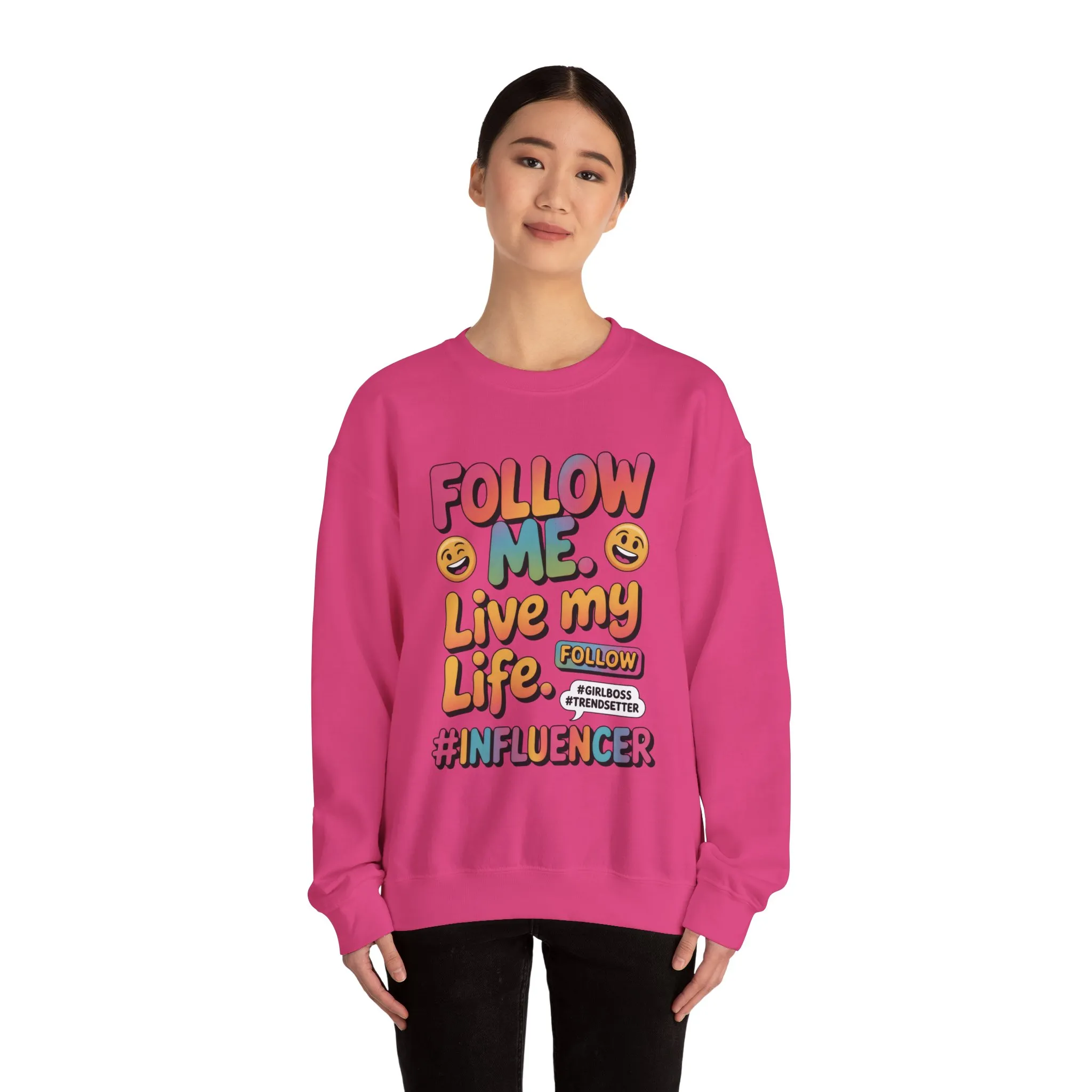 Womens Heavy Blend™ Crewneck Sweatshirt, Influencer Sweatshirt, Colorful Follow Me Live My Life Graphic Sweatshirt, Trendy GirlBoss Outfit - Image 20