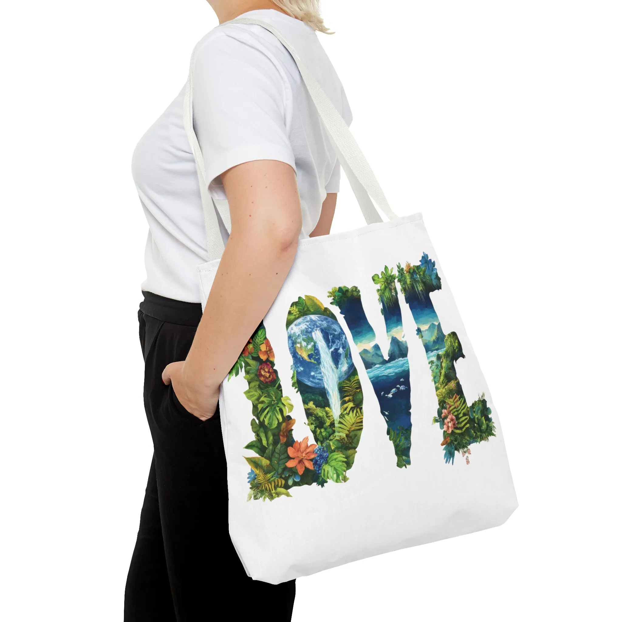 Earth Day LOVE Tote Bag, Eco Friendly Nature Art Bag, Sustainable Planet Message, Floral Tote, Shopping Bag, Beach Bag, Large Canvas Bag - Image 5