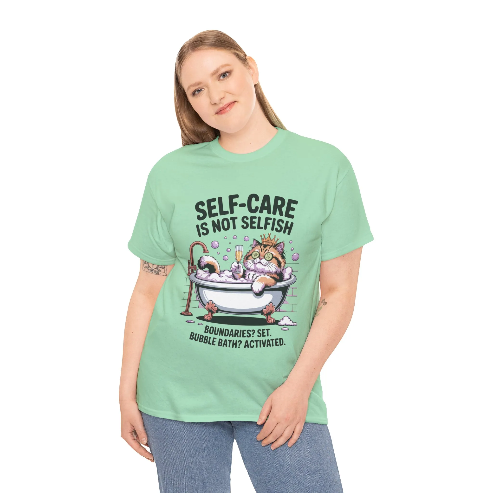 Womens Heavy Cotton Tee, Self-Care Cat Shirt, Funny Cat Bubble Bath Tee, Relaxing Kitty Graphic, Self Care Is Not Selfish Womens T-Shirt - Image 33