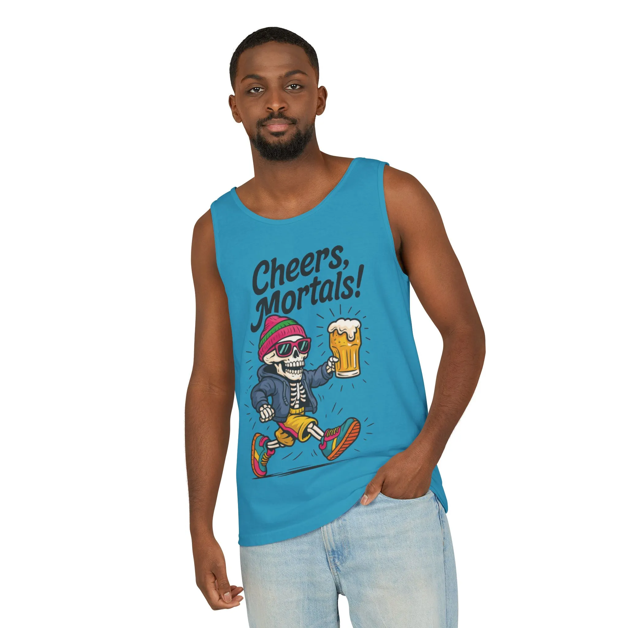 Cheers Mortals! Mens Tank Top, Funny Skeleton Beer Graphic Tee, Drinking Humor Shirt, Party Gift for Him, Halloween Tank, Beer Lovers Gift