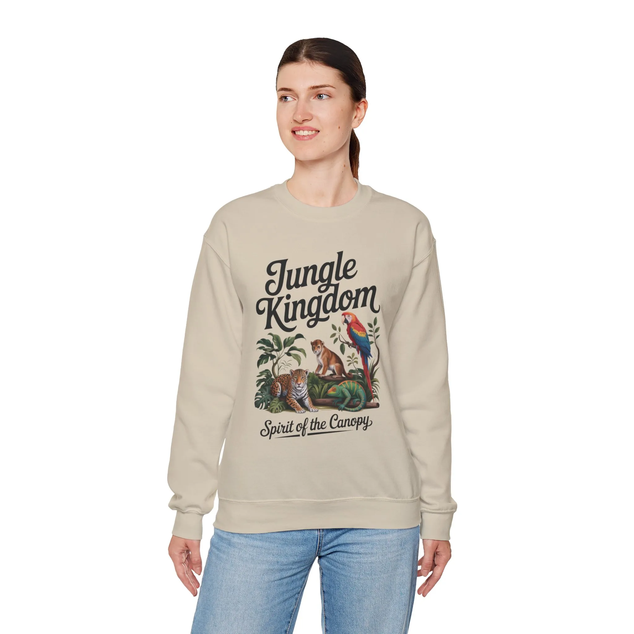Jungle Kingdom Womens Sweatshirt, Cozy Jungle Crewneck, Nature Lover Gift, Wildlife Artwork, Eco-Conscious Apparel, Animal Enthusiast Clothing - Image 3