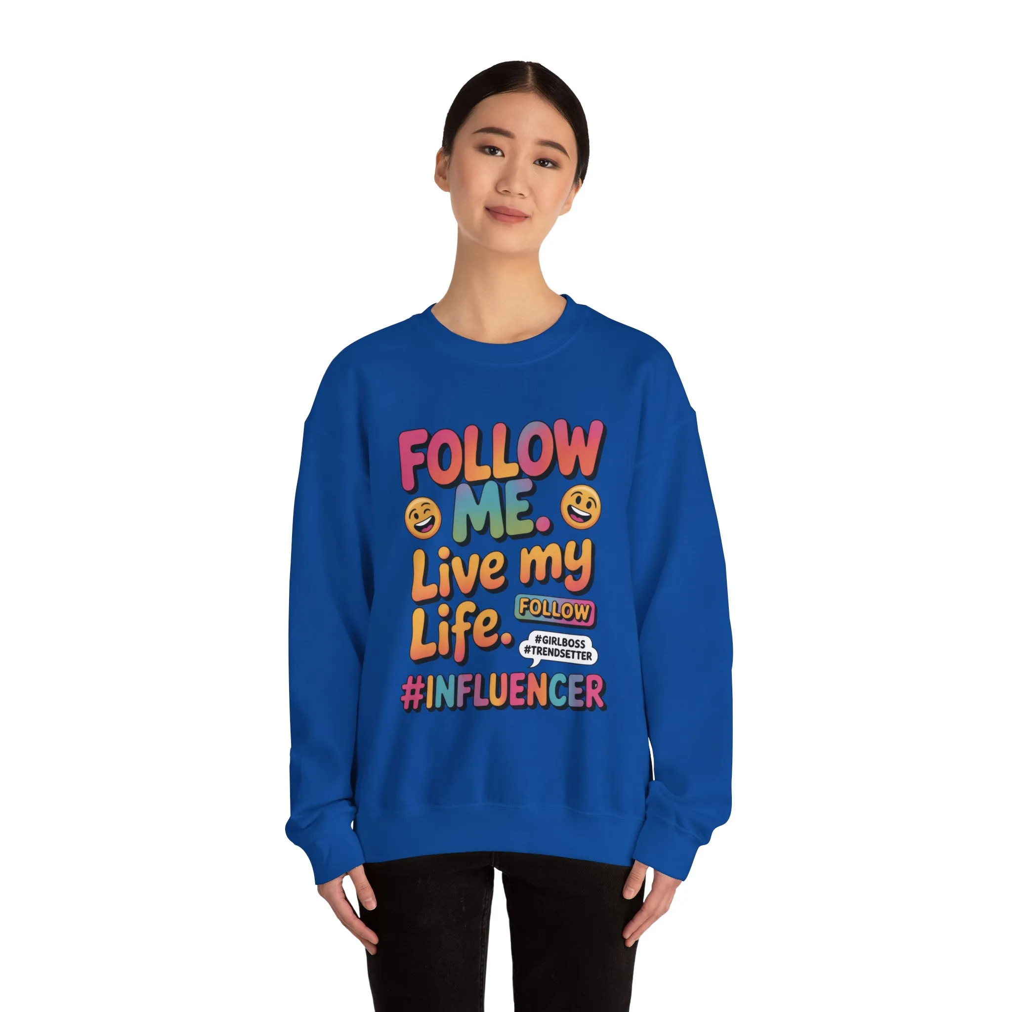 Womens Heavy Blend™ Crewneck Sweatshirt, Influencer Sweatshirt, Colorful Follow Me Live My Life Graphic Sweatshirt, Trendy GirlBoss Outfit - Image 14