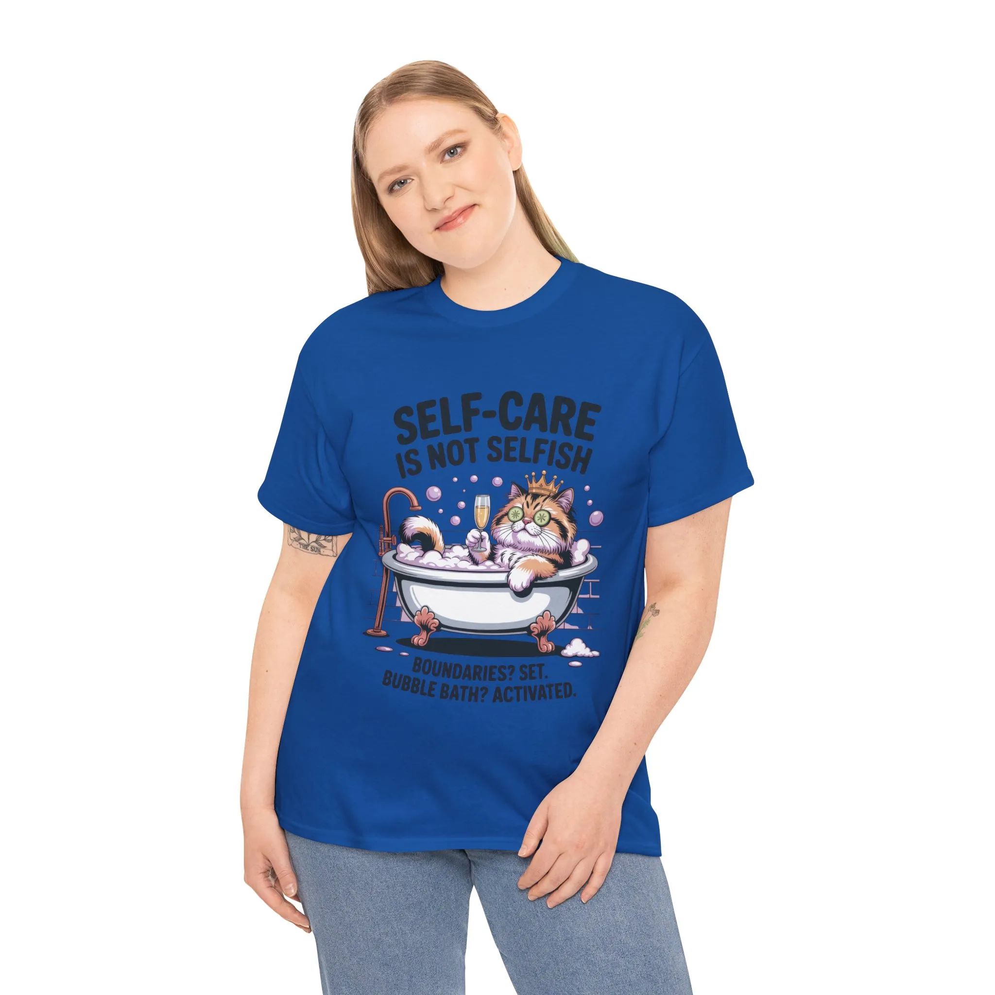 Womens Heavy Cotton Tee, Self-Care Cat Shirt, Funny Cat Bubble Bath Tee, Relaxing Kitty Graphic, Self Care Is Not Selfish Womens T-Shirt - Image 21