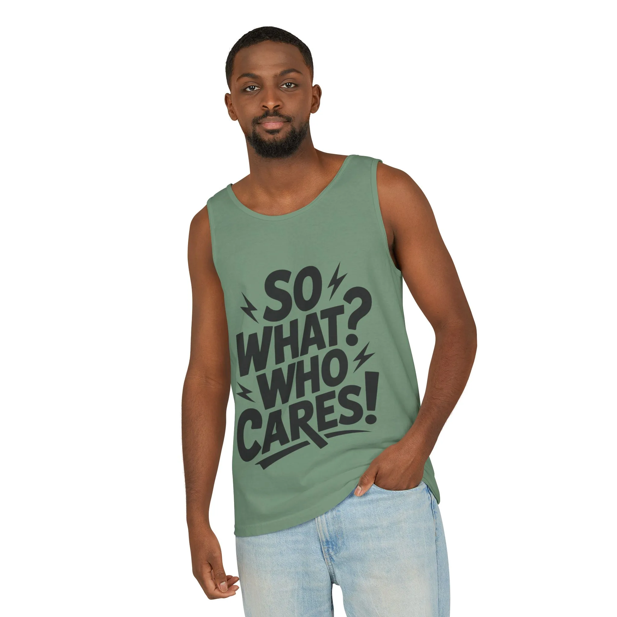 Mens Tank Top, "So What? Who Cares!", Casual Summer Wear, Beach Trip, Festival Outfit, Lightning Print, Sarcastic Summer Tee, Gym Tank - Image 8
