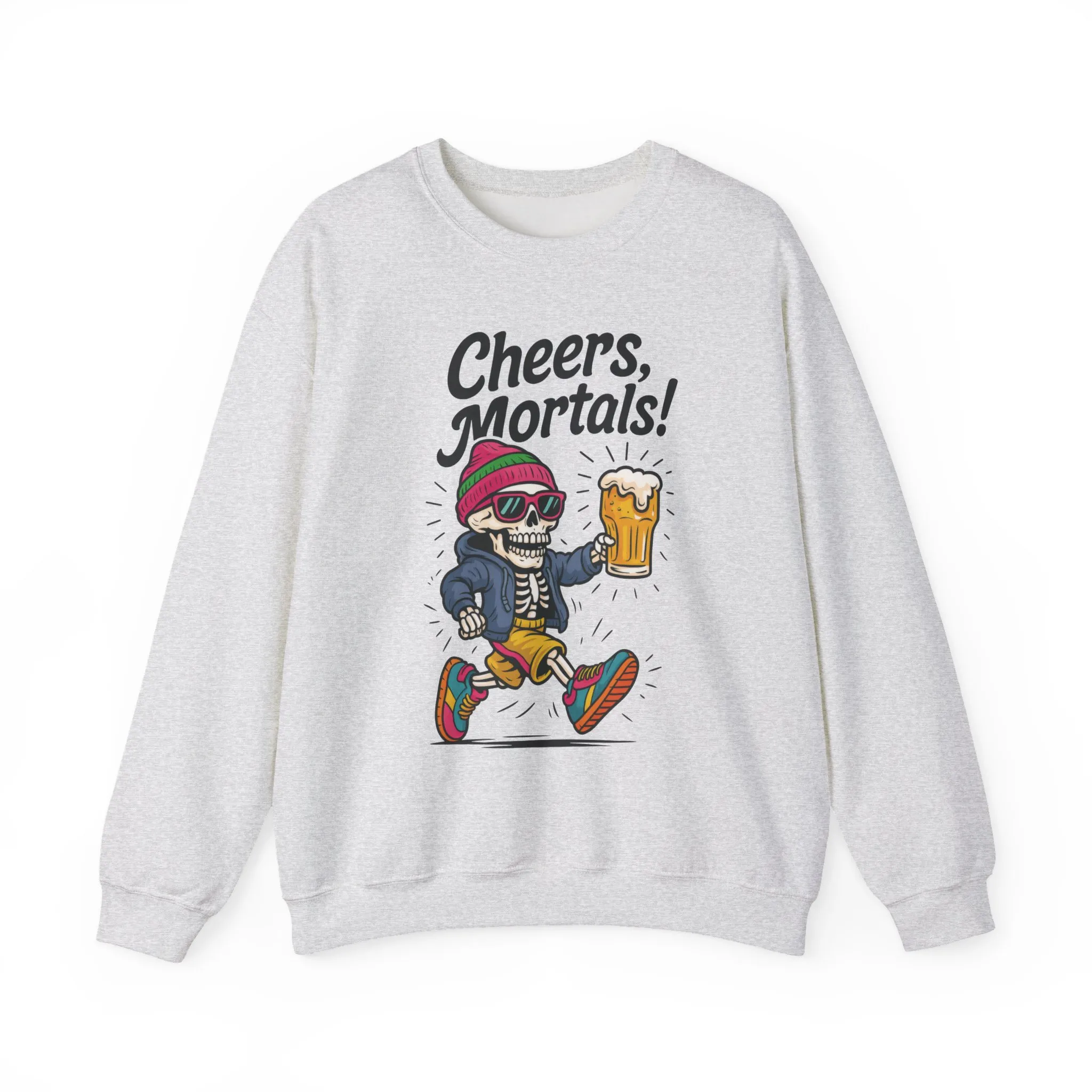 Cheers Mortals! Mens Crewneck Sweatshirt, Skeleton Beer Pullover with Hood, Drinking Humor Sweatshirt, Party Gift for Him, Halloween Apparel - Image 2