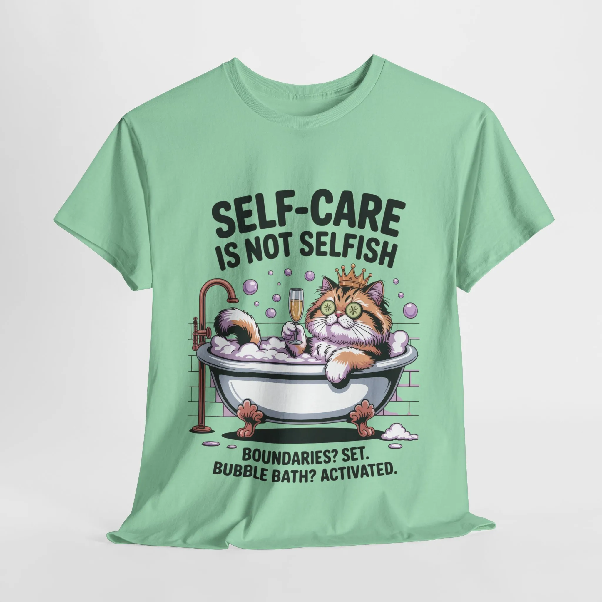 Womens Heavy Cotton Tee, Self-Care Cat Shirt, Funny Cat Bubble Bath Tee, Relaxing Kitty Graphic, Self Care Is Not Selfish Womens T-Shirt - Image 31