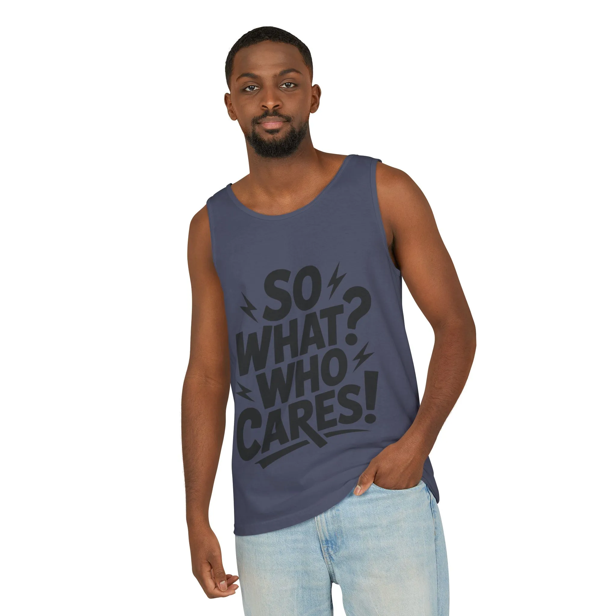 Mens Tank Top, "So What? Who Cares!", Casual Summer Wear, Beach Trip, Festival Outfit, Lightning Print, Sarcastic Summer Tee, Gym Tank - Image 26