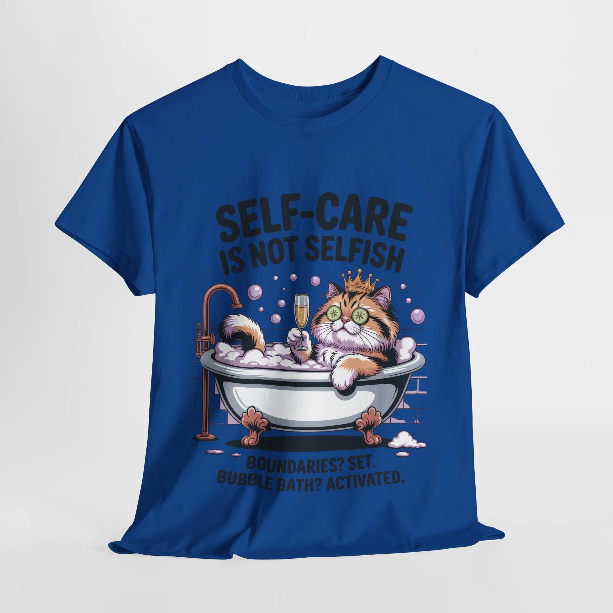 Womens Heavy Cotton Tee, Self-Care Cat Shirt, Funny Cat Bubble Bath Tee, Relaxing Kitty Graphic, Self Care Is Not Selfish Womens T-Shirt - Image 19