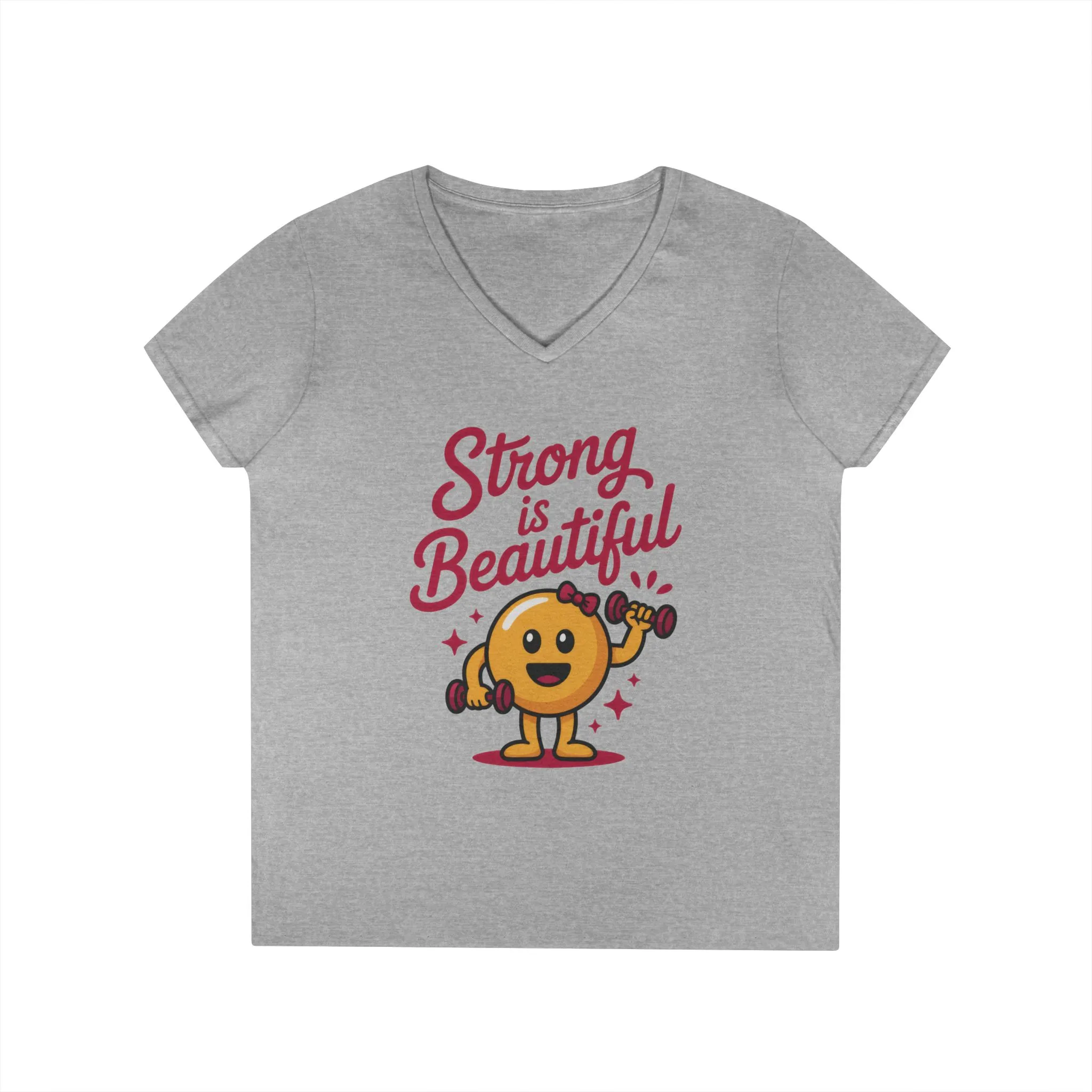 Ladies' V-Neck T-Shirt, Strong is Beautiful Womens Tee, Cute Fitness Character Tee, Inspirational Workout Shirt, Gym Motivation Gift for Her - Image 10