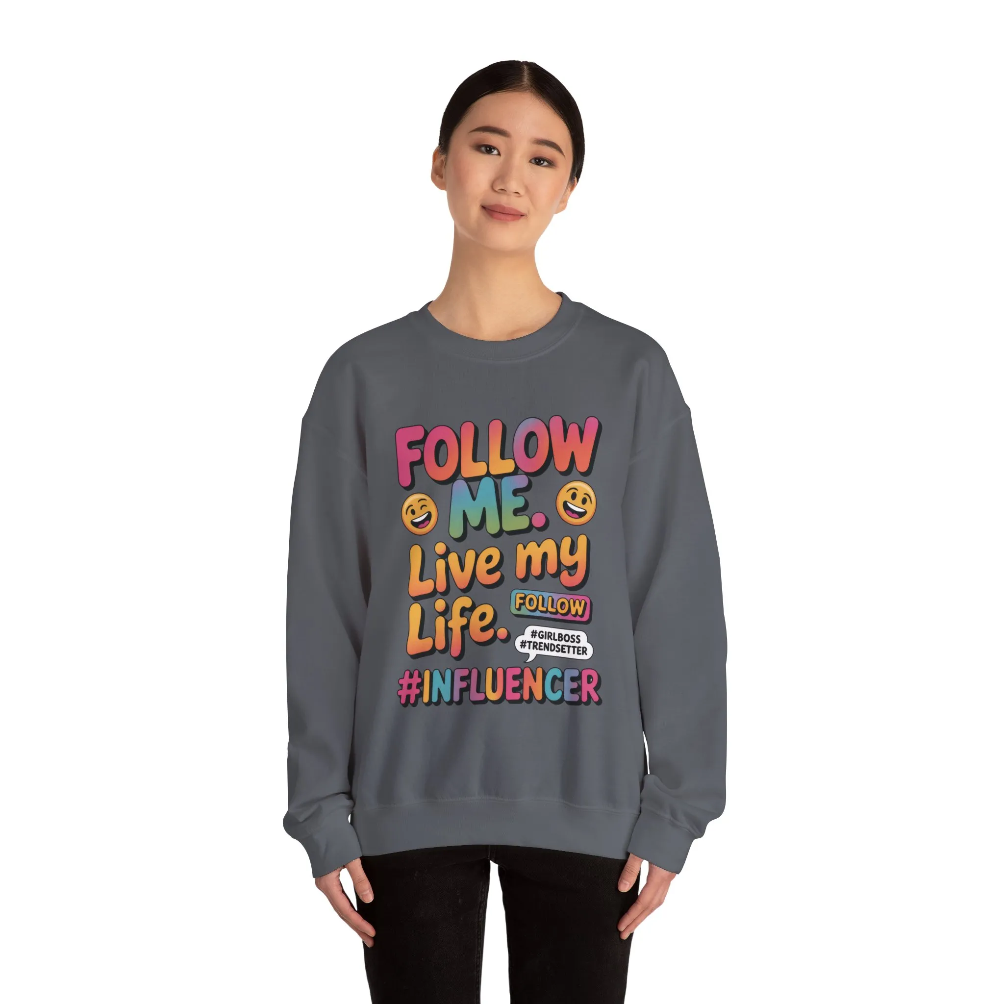Womens Heavy Blend™ Crewneck Sweatshirt, Influencer Sweatshirt, Colorful Follow Me Live My Life Graphic Sweatshirt, Trendy GirlBoss Outfit - Image 11