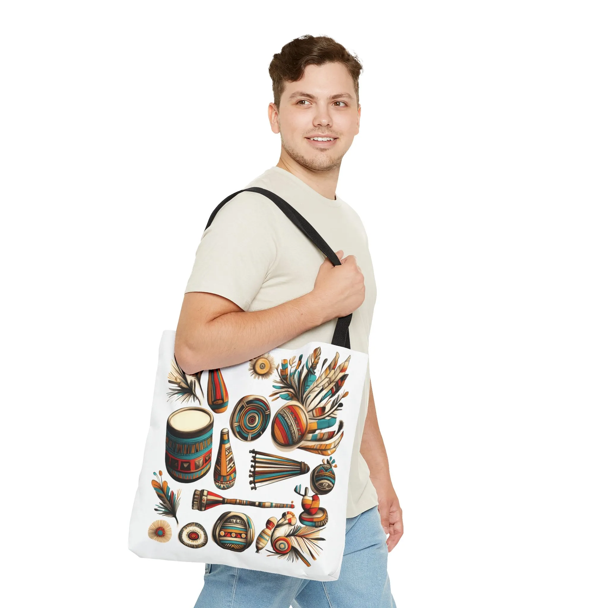 Boho Tribal Music Tote Bag, Ethnic Percussion Instrument Art, Festival Vibes, Shopping Bag, Bohemian Tote, Weekender Bag, Beach Bag, Large Canvas Bag - Image 3