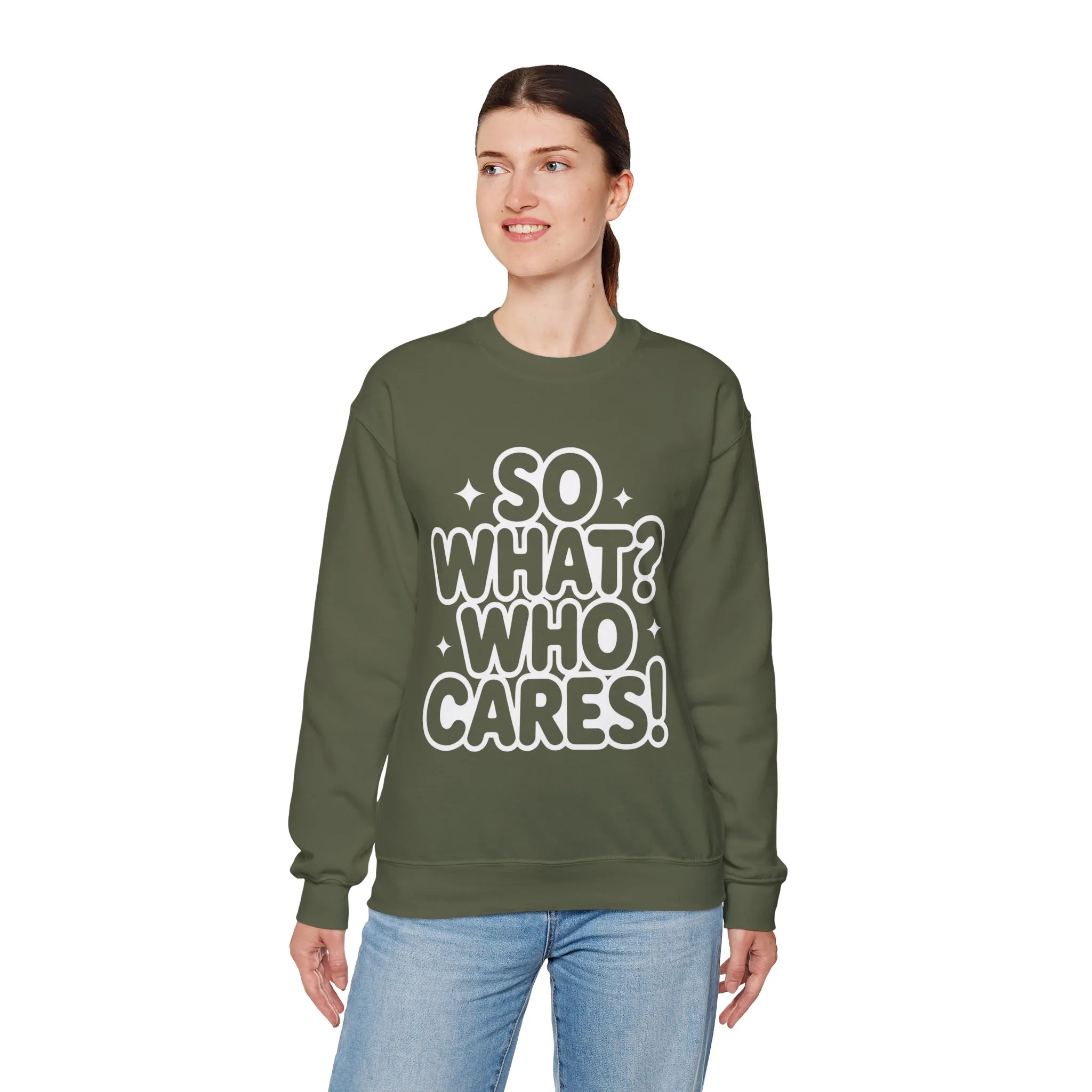 Trendy Womens Crewneck Sweatshirt with 'So What? Who Cares!' Print, Funny Typography Sweater, Sassy Graphic Sweater for Women - Image 30