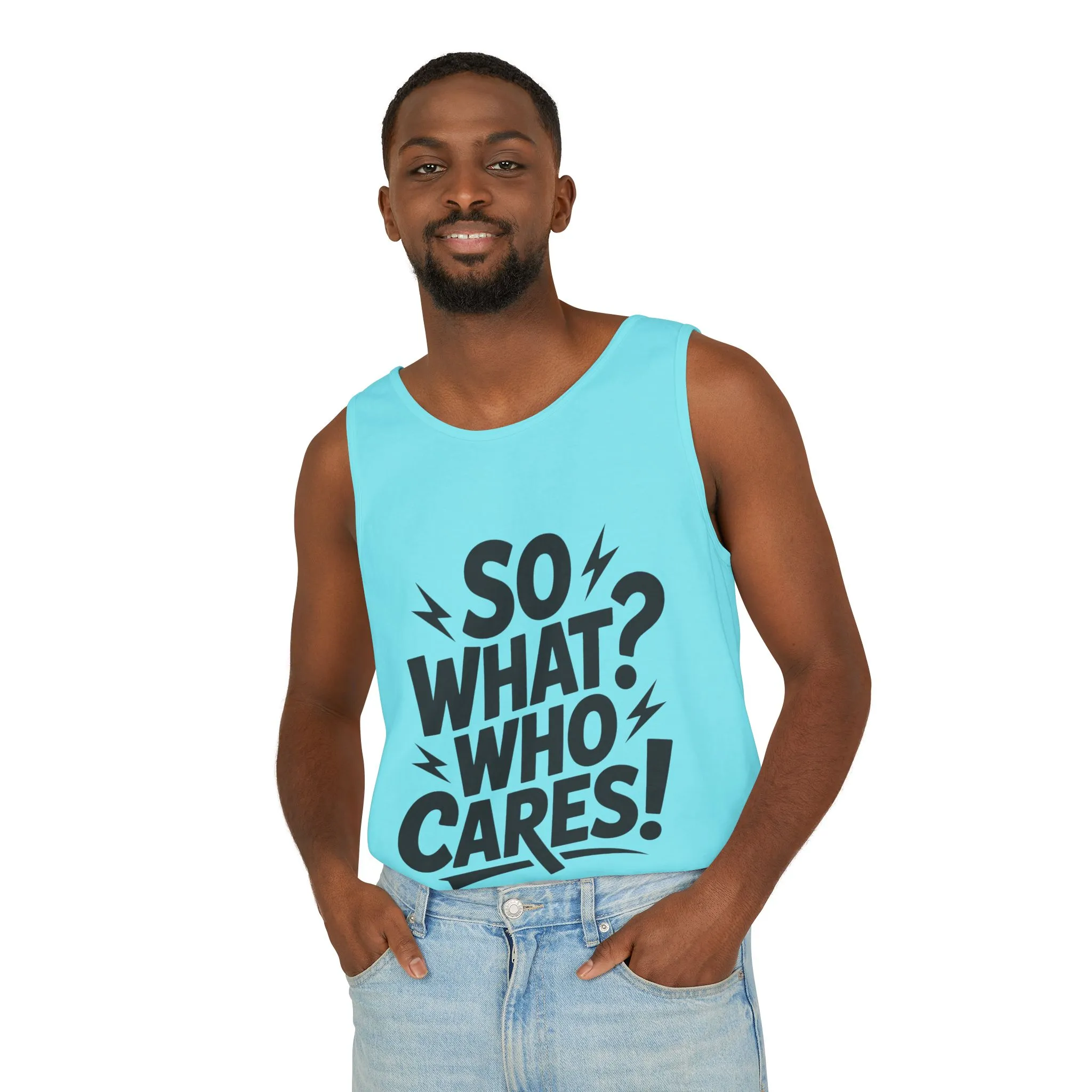 Mens Tank Top, "So What? Who Cares!", Casual Summer Wear, Beach Trip, Festival Outfit, Lightning Print, Sarcastic Summer Tee, Gym Tank - Image 36
