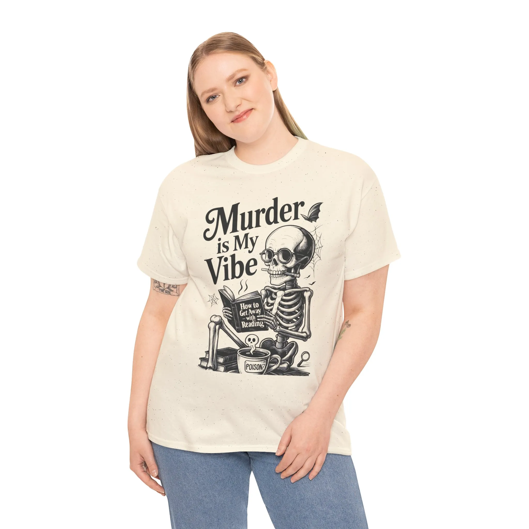 Womens Heavy Cotton Tee - "Murder is My Vibe" Graphic Shirt for Ghoulish Vibes, Halloween Fun, Spooky Season, Casual Wear, Gift for [...] - Image 3