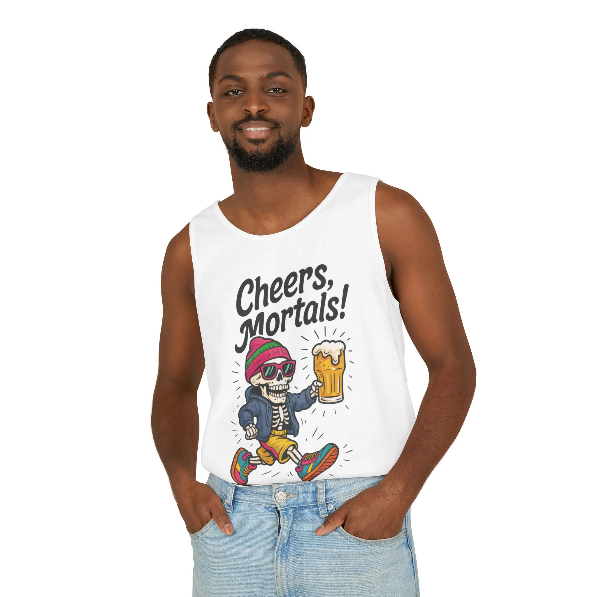 Cheers Mortals! Mens Tank Top, Funny Skeleton Beer Graphic Tee, Drinking Humor Shirt, Party Gift for Him, Halloween Tank, Beer Lovers Gift - Image 6