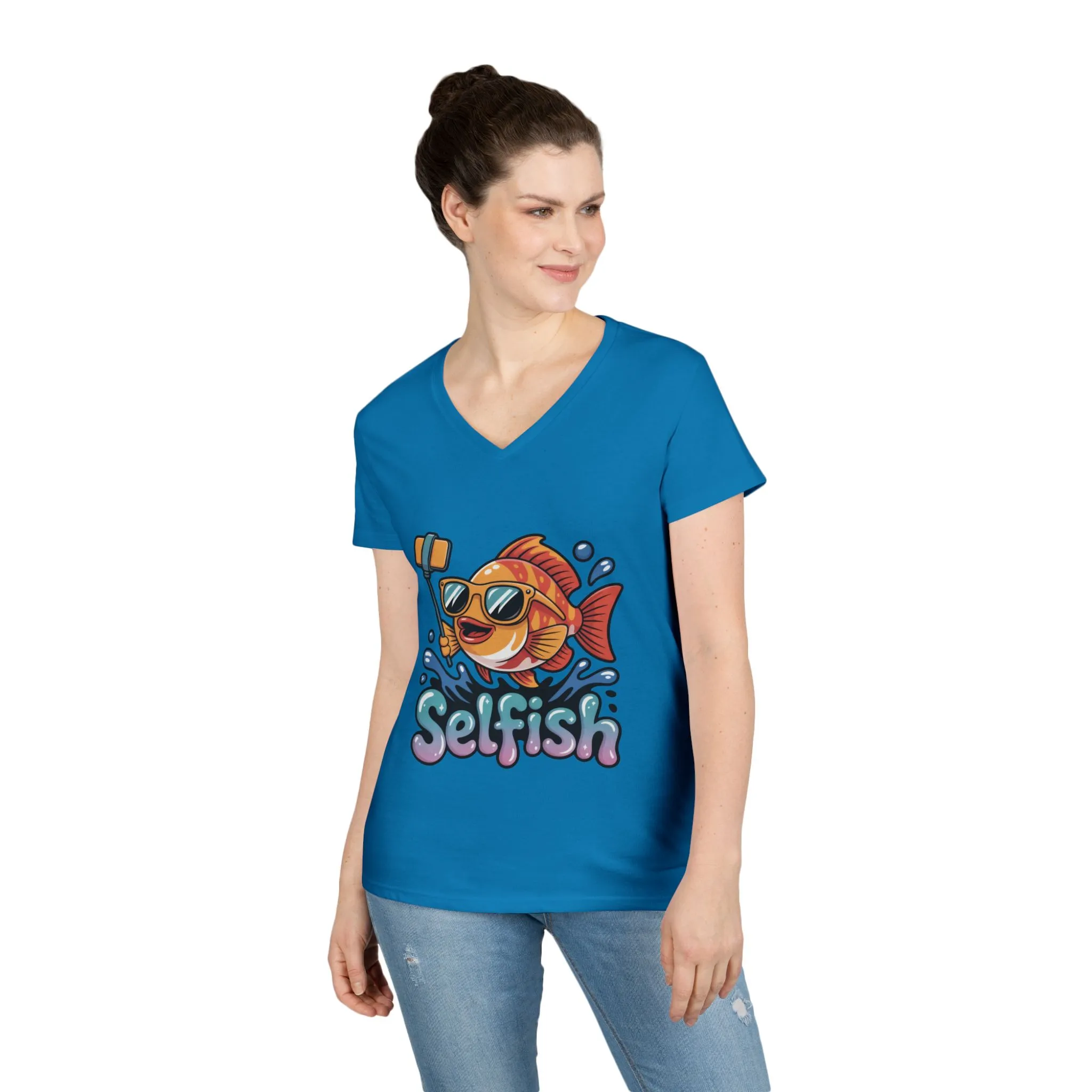 Ladies' V-Neck T-Shirt, Funny Selfie Fish Graphic Womens Tee, Playful Pun Gift for Her, Summer Vibes, Unique Beach Shirt, Outdoor Adventures - Image 22