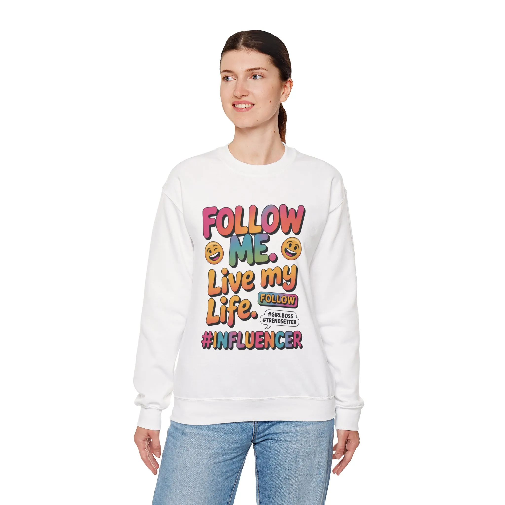 Womens Heavy Blend™ Crewneck Sweatshirt, Influencer Sweatshirt, Colorful Follow Me Live My Life Graphic Sweatshirt, Trendy GirlBoss Outfit - Image 27