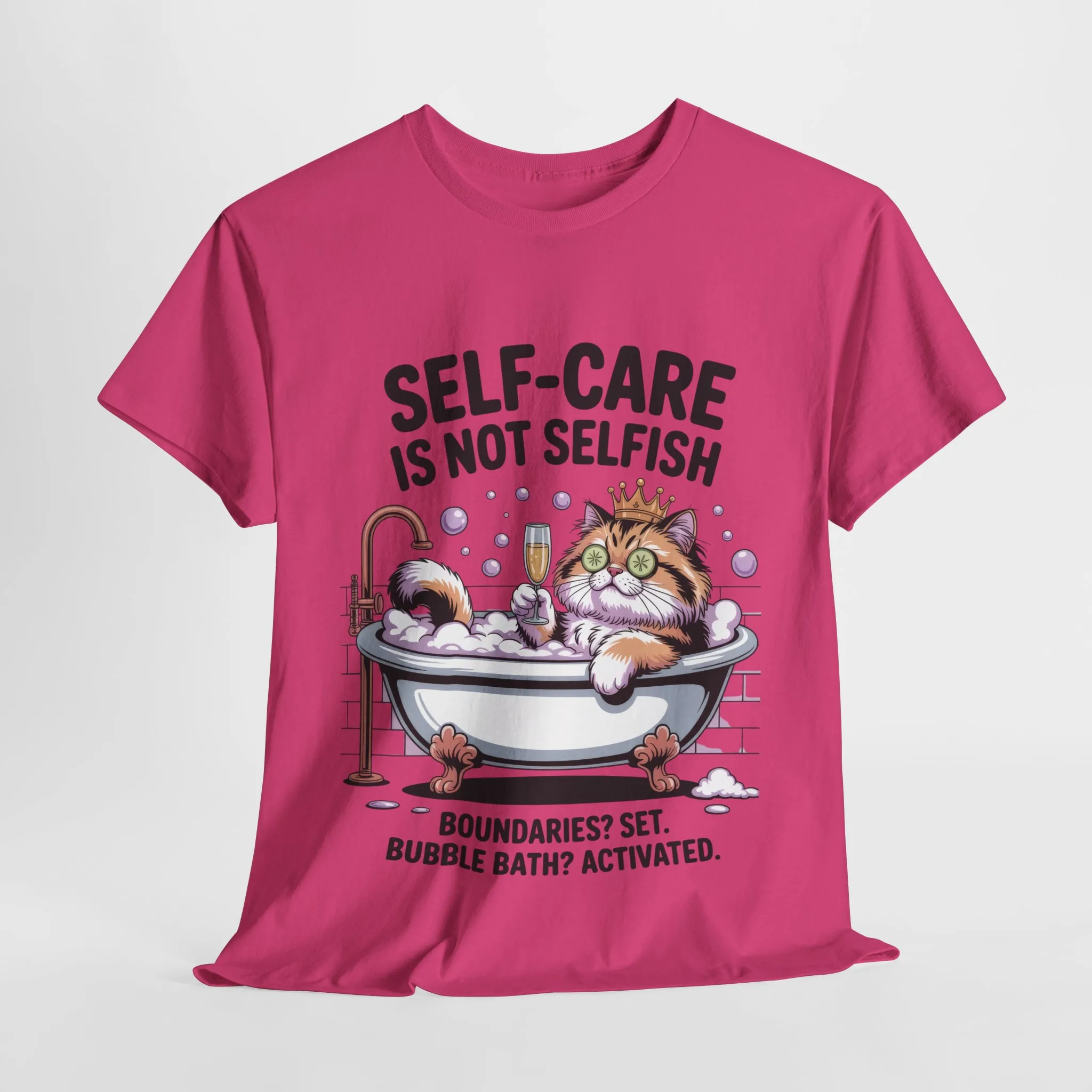 Womens Heavy Cotton Tee, Self-Care Cat Shirt, Funny Cat Bubble Bath Tee, Relaxing Kitty Graphic, Self Care Is Not Selfish Womens T-Shirt - Image 2