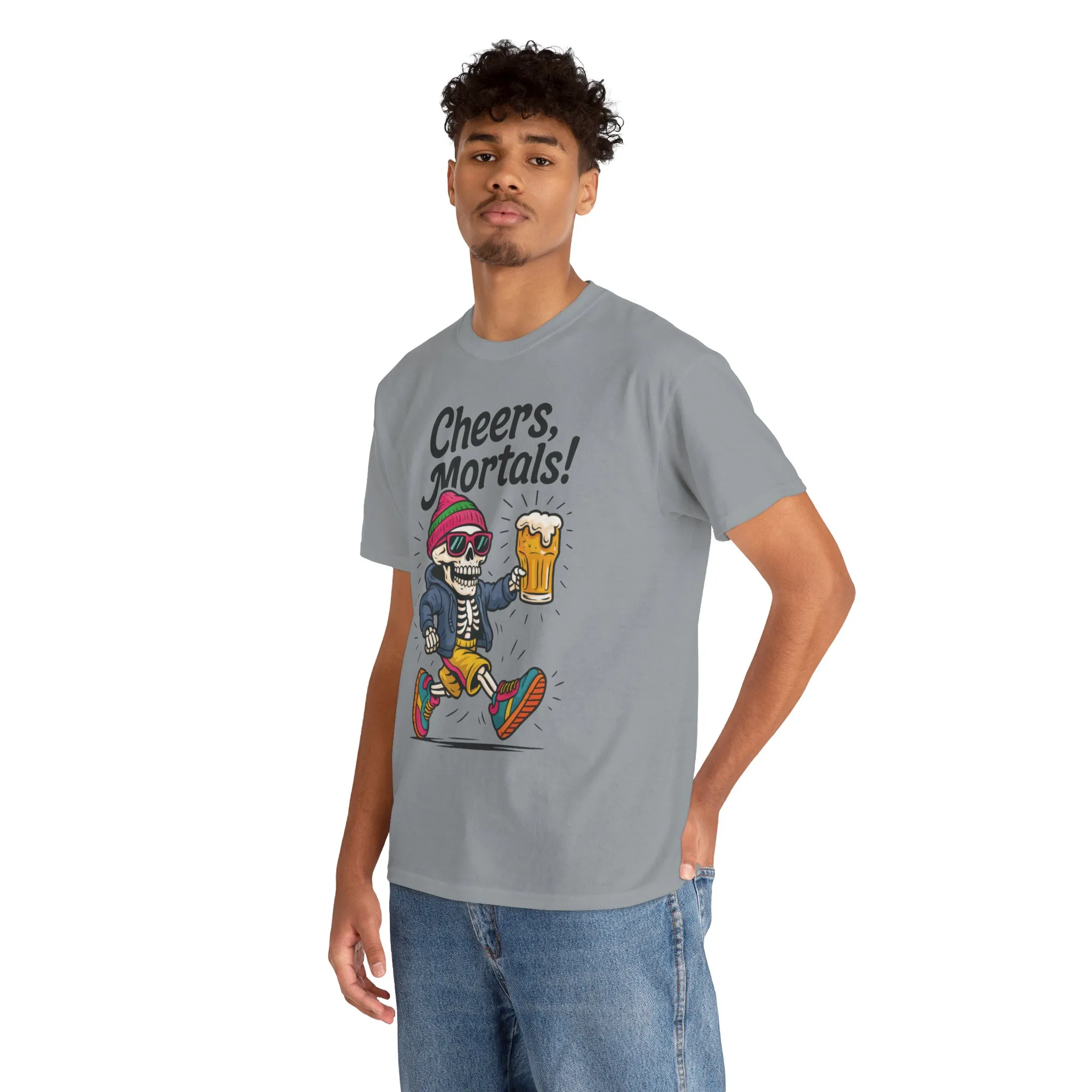 Cheers, Mortals! Mens Tee, Funny Skeleton Beer Graphic Tee, Cool Drinking Humor Shirt, Party Gift for Him, Halloween Tee, Beer Lovers Gift - Image 4
