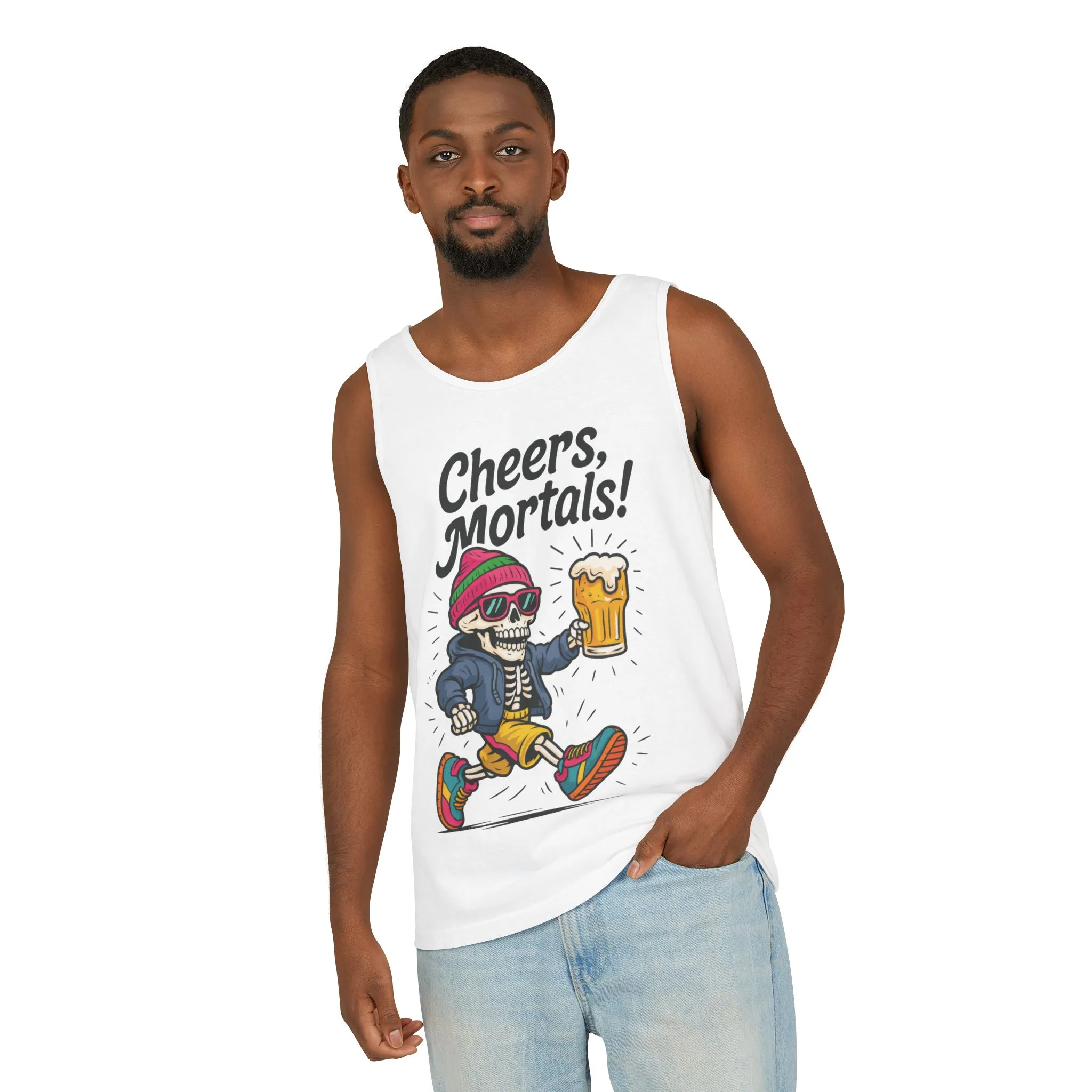 Cheers Mortals! Mens Tank Top, Funny Skeleton Beer Graphic Tee, Drinking Humor Shirt, Party Gift for Him, Halloween Tank, Beer Lovers Gift - Image 5