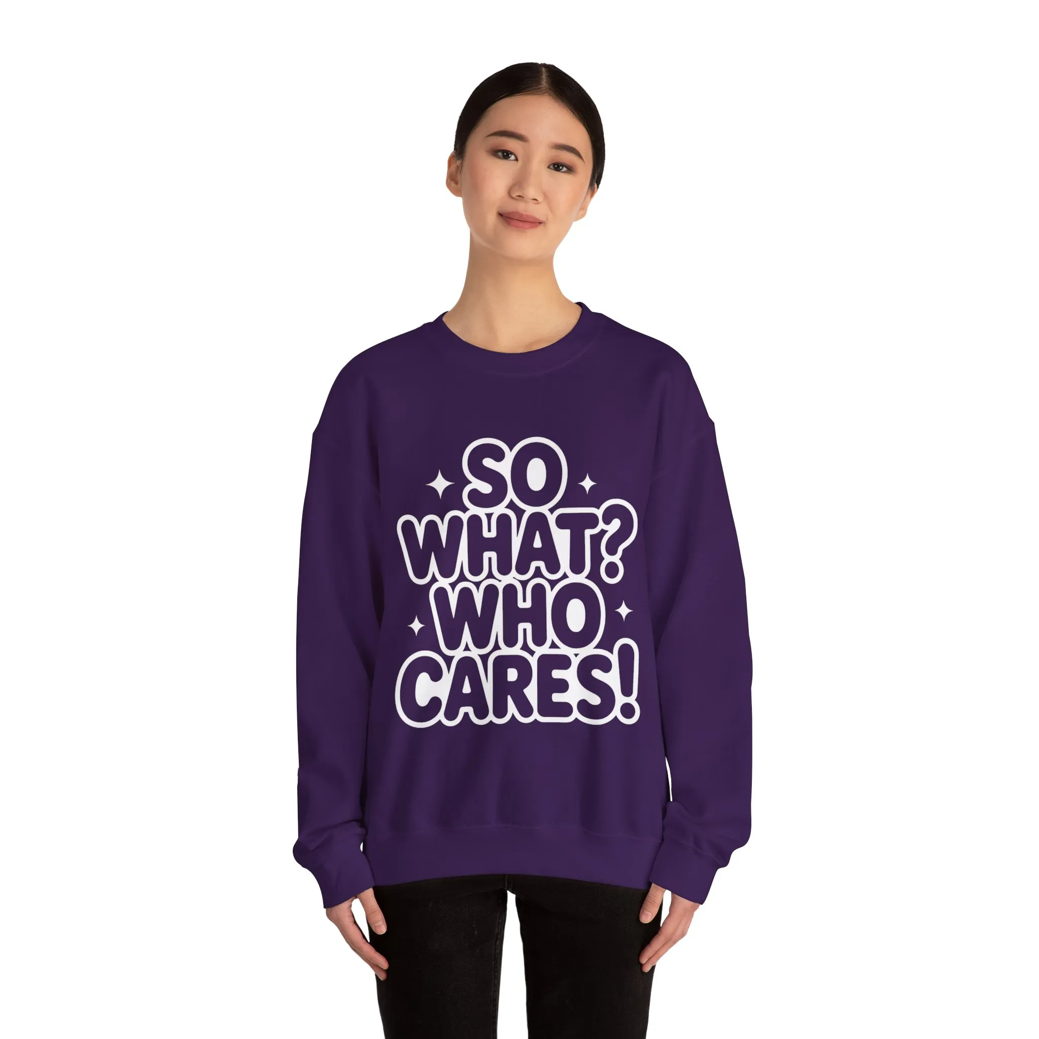 Trendy Womens Crewneck Sweatshirt with 'So What? Who Cares!' Print, Funny Typography Sweater, Sassy Graphic Sweater for Women - Image 20