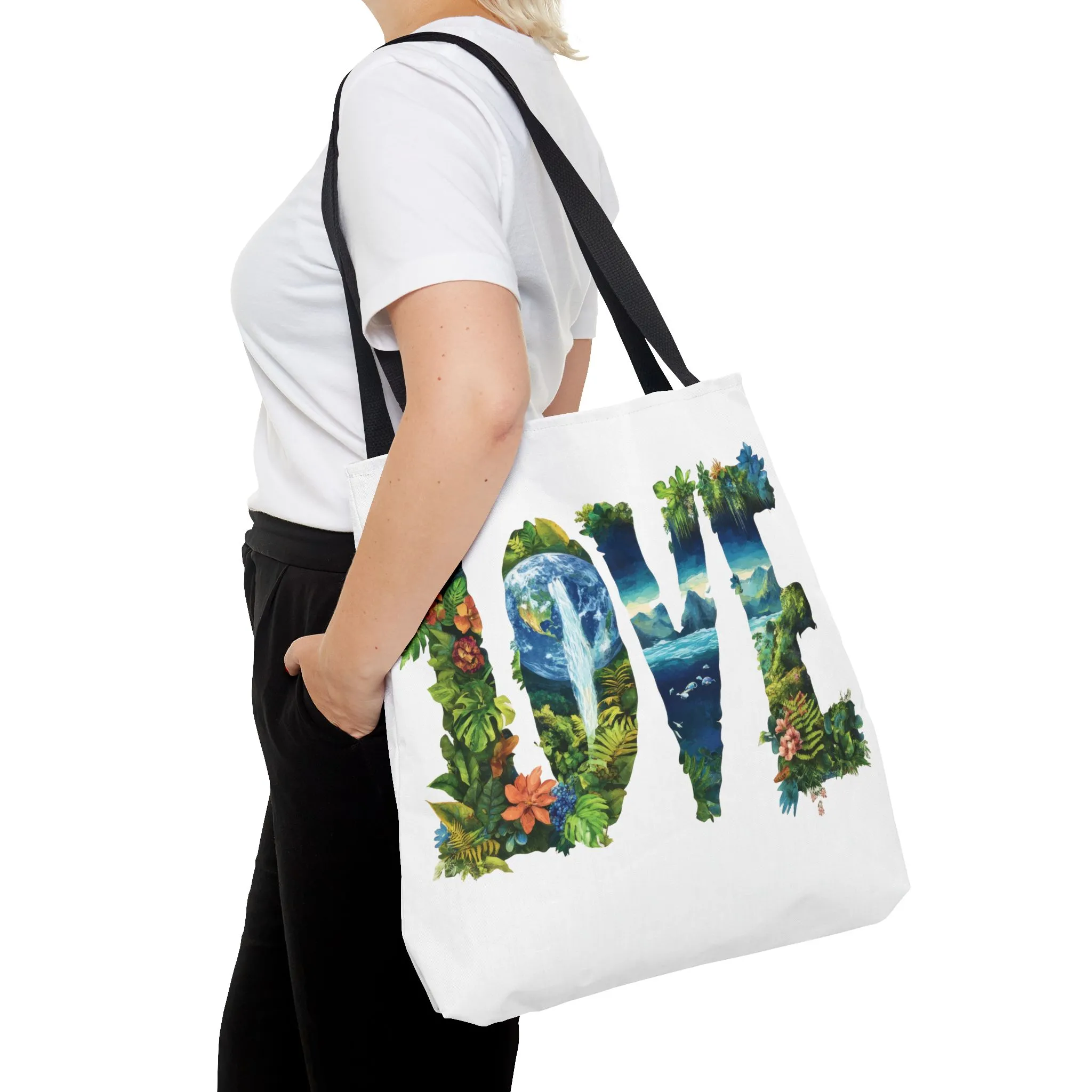 Earth Day LOVE Tote Bag, Eco Friendly Nature Art Bag, Sustainable Planet Message, Floral Tote, Shopping Bag, Beach Bag, Large Canvas Bag - Image 14
