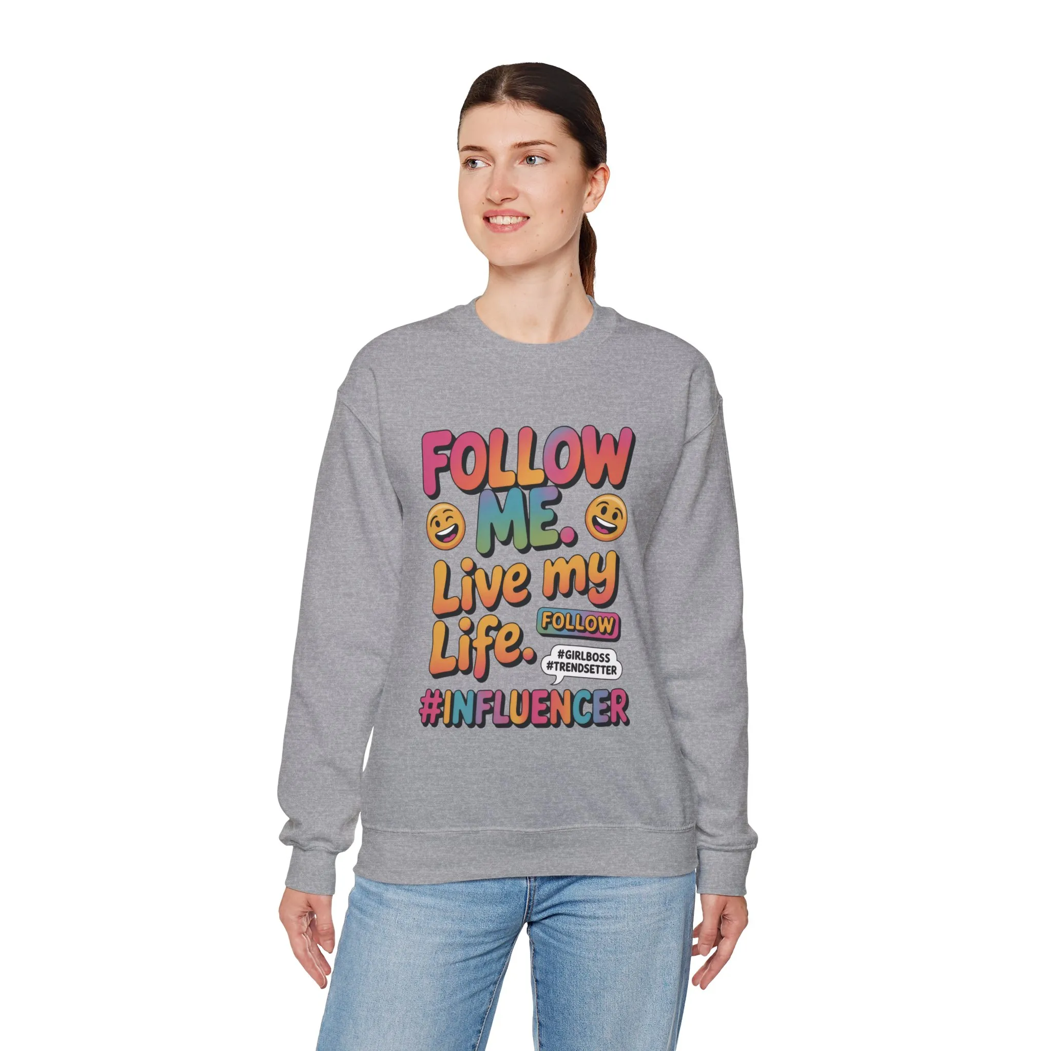 Womens Heavy Blend™ Crewneck Sweatshirt, Influencer Sweatshirt, Colorful Follow Me Live My Life Graphic Sweatshirt, Trendy GirlBoss Outfit - Image 30