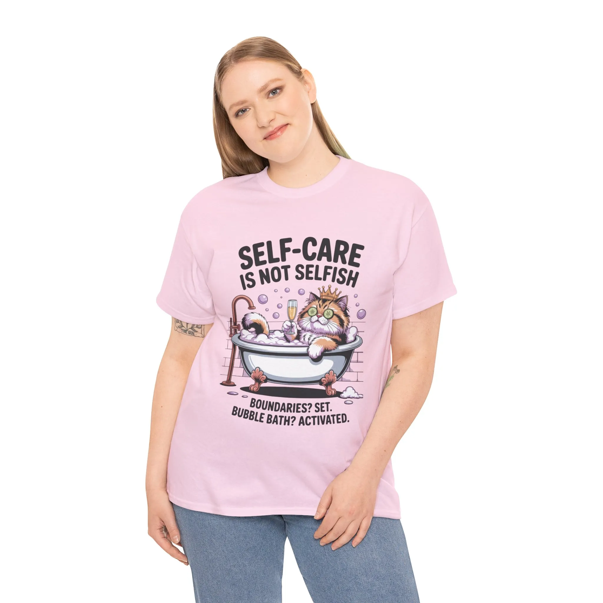 Womens Heavy Cotton Tee, Self-Care Cat Shirt, Funny Cat Bubble Bath Tee, Relaxing Kitty Graphic, Self Care Is Not Selfish Womens T-Shirt - Image 27